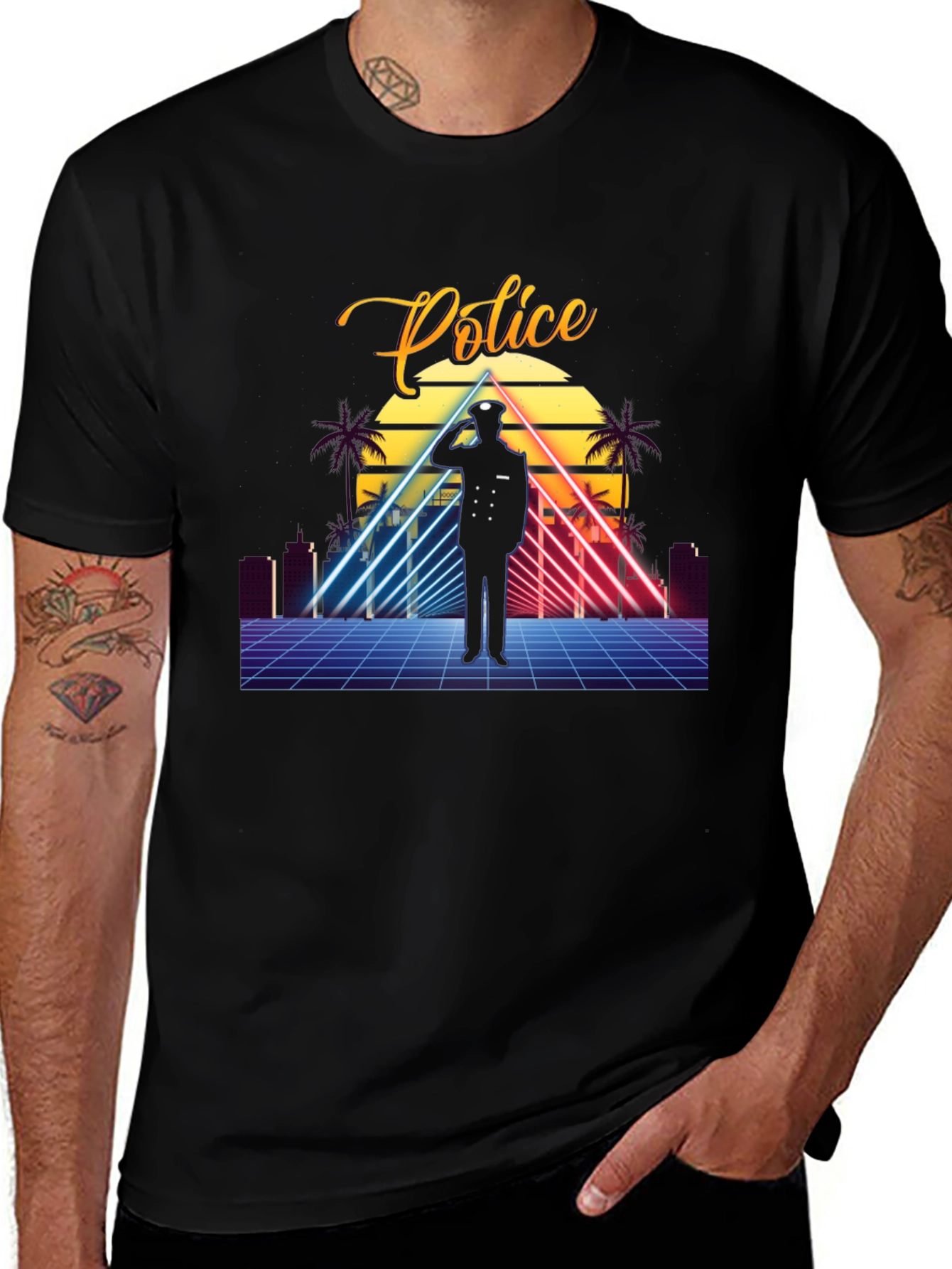 Variant 18 of Retro Police Graphic T-Shirt - Synthwave Design