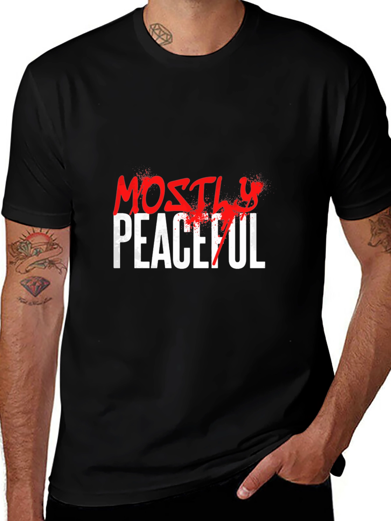Variant 6 of Mostly Peaceful Graphic T-Shirt - Black Casual Tee