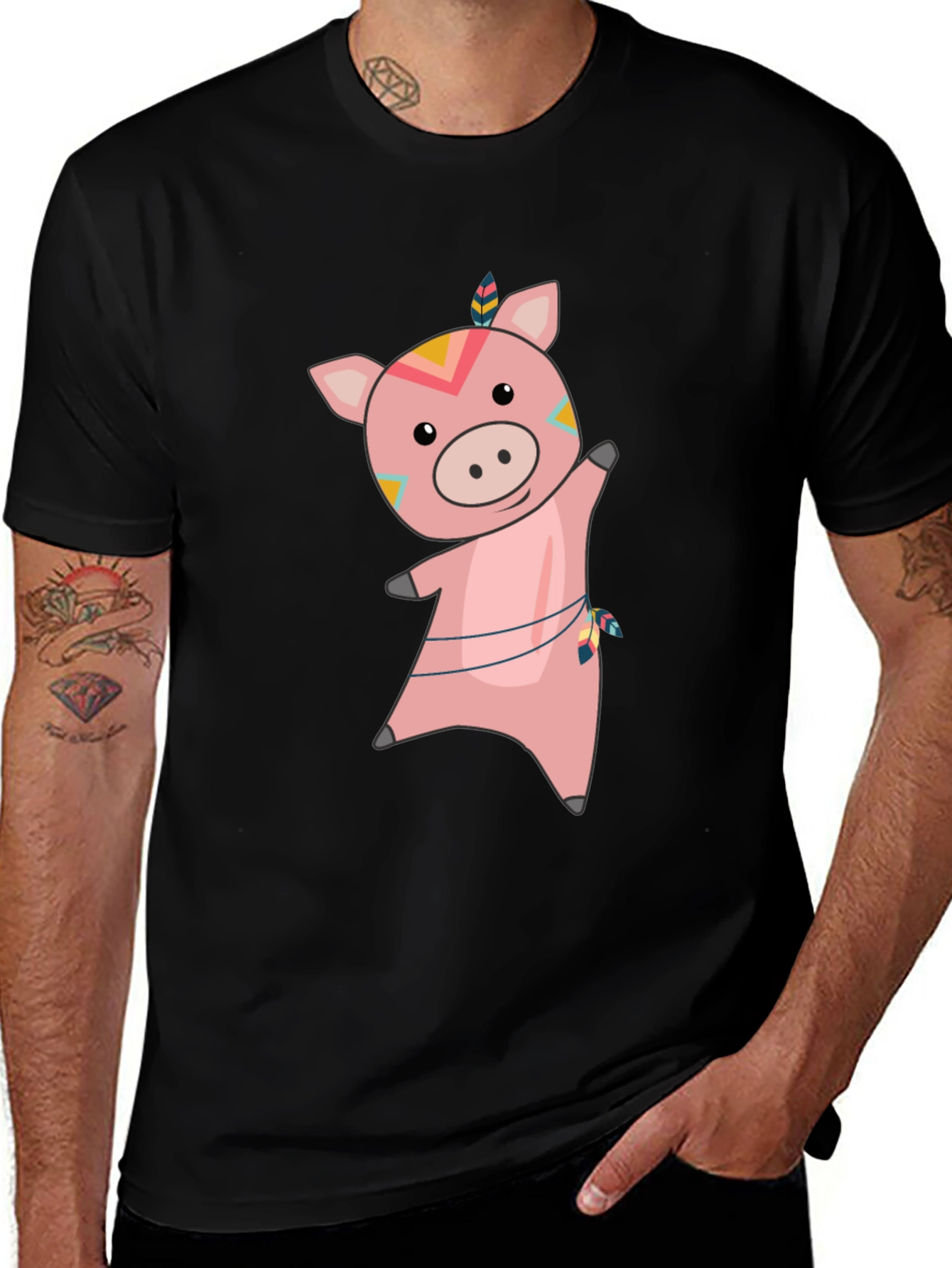 Cute Cartoon Pig Graphic Tee - Black