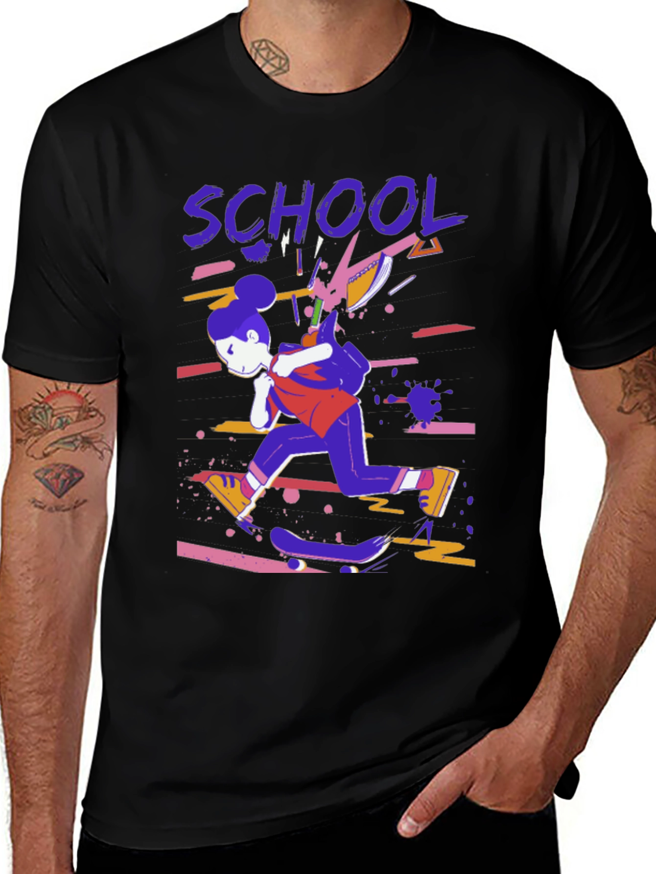 Variant 4 of School Skateboard Graphic Tee - Black Cotton