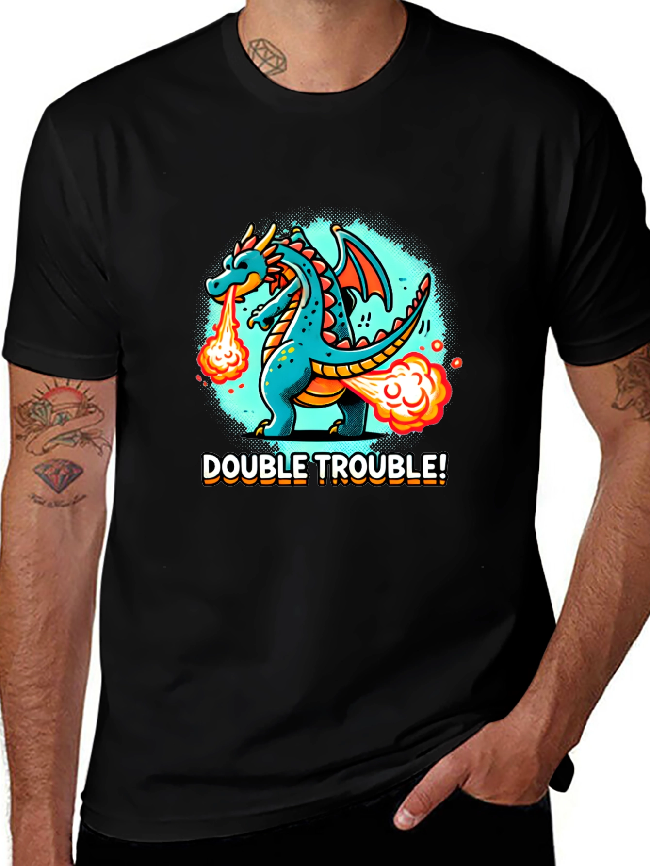 Double Trouble Dragon Graphic Tee - Black