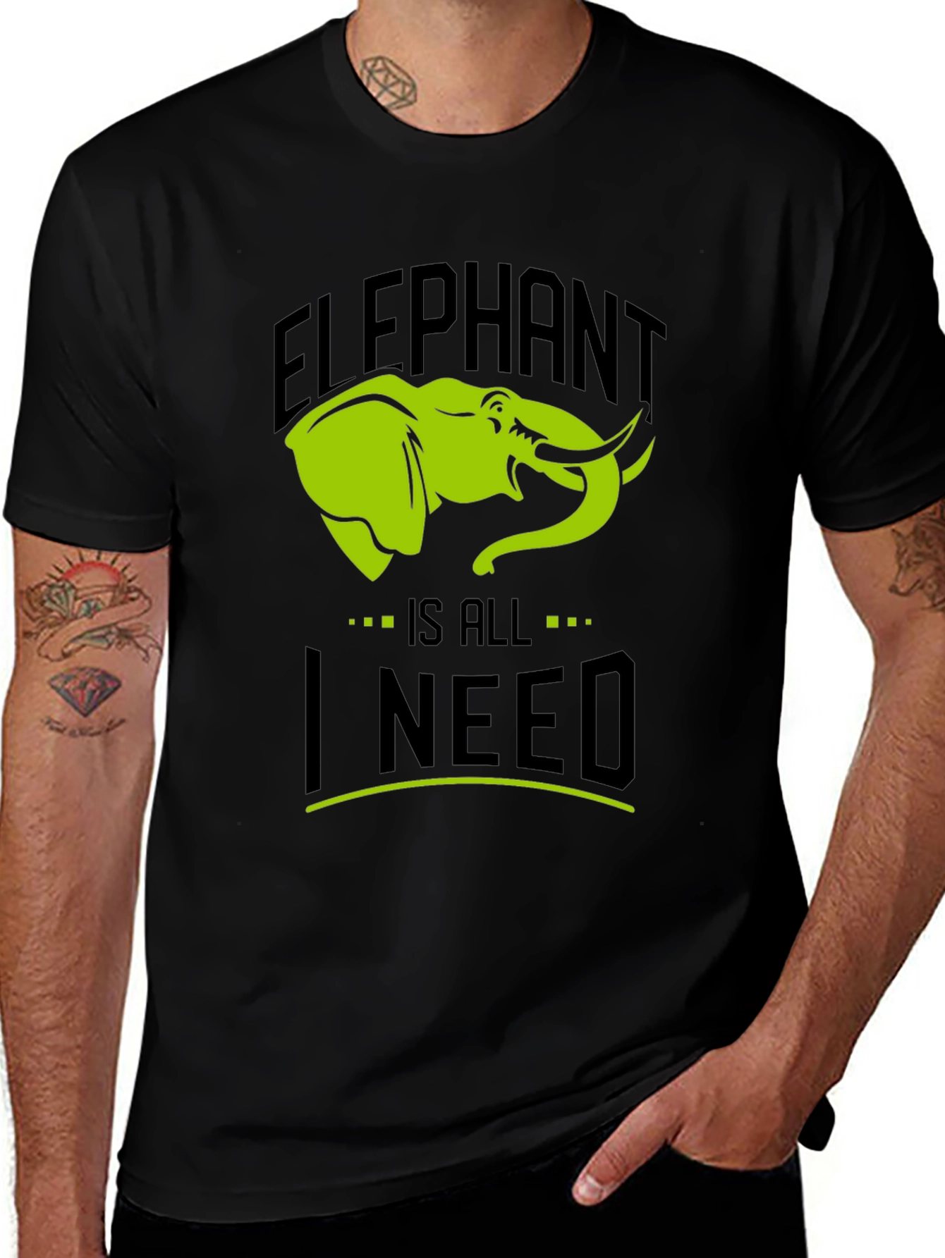 Elephant Graphic Print T-Shirt -  'Is All I Need' Black Cotton Tee