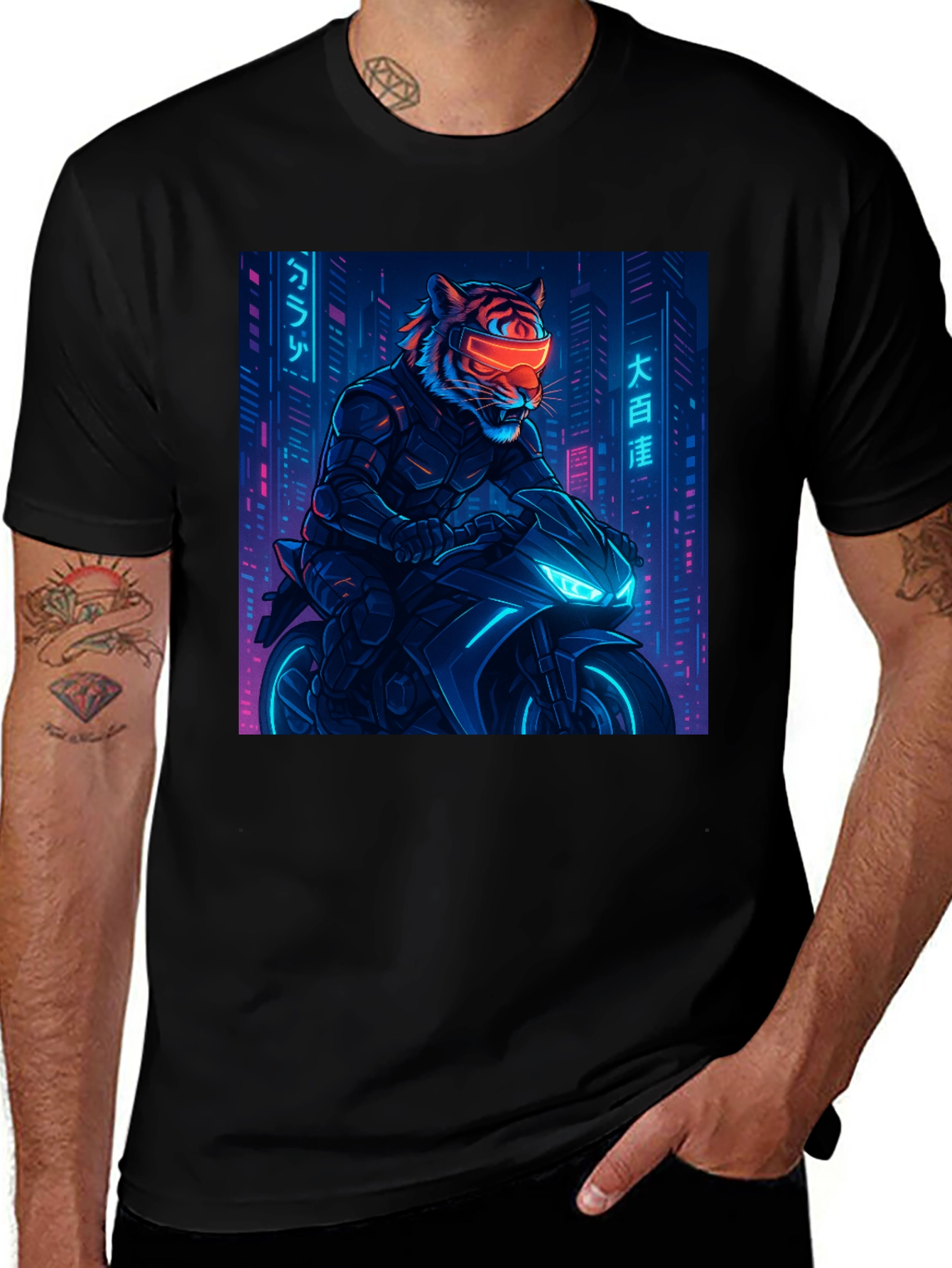Variant 9 of Cyberpunk Tiger Rider Graphic Tee - Black