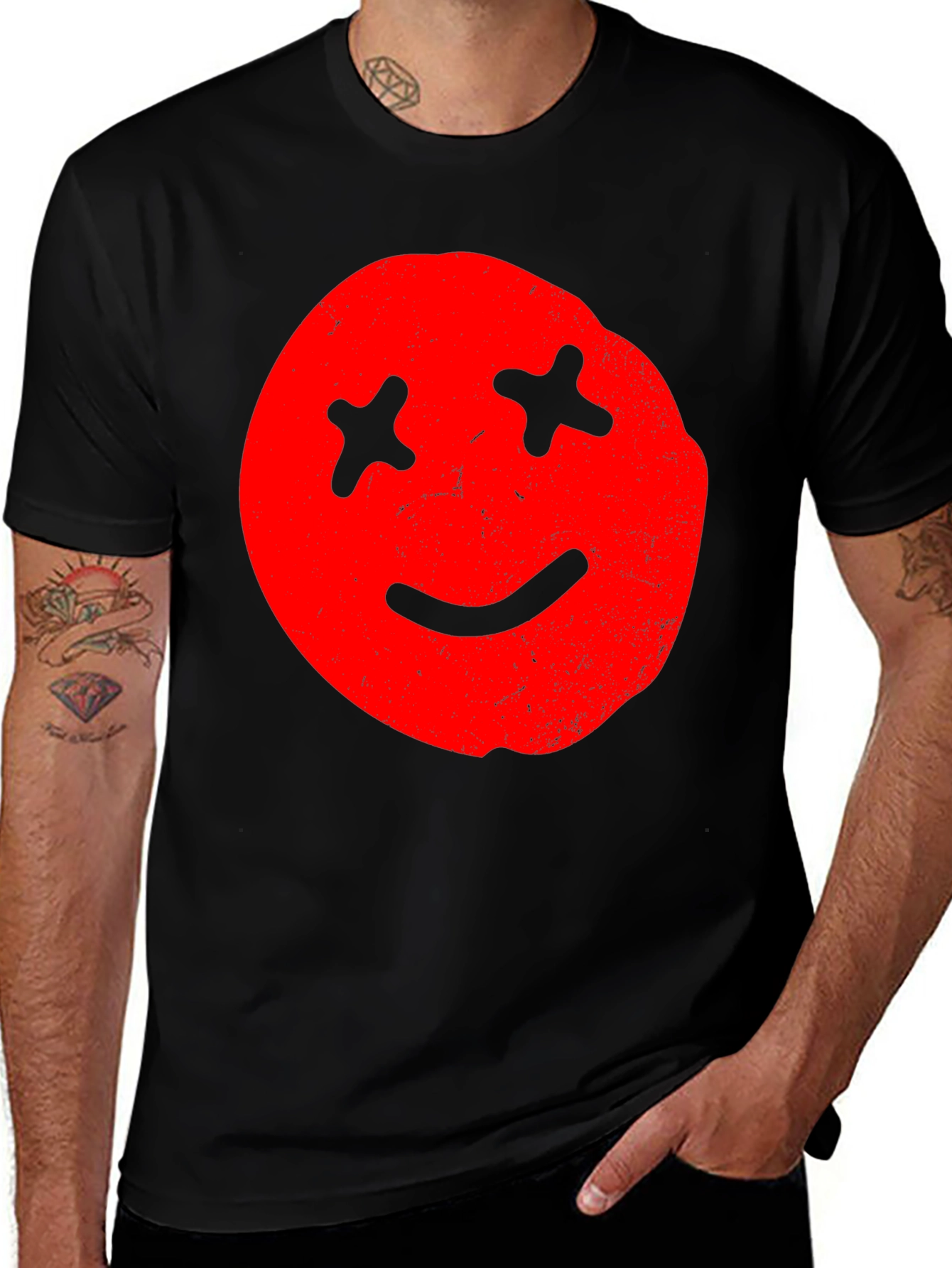 Grunge Red Smiley Face Black T-Shirt