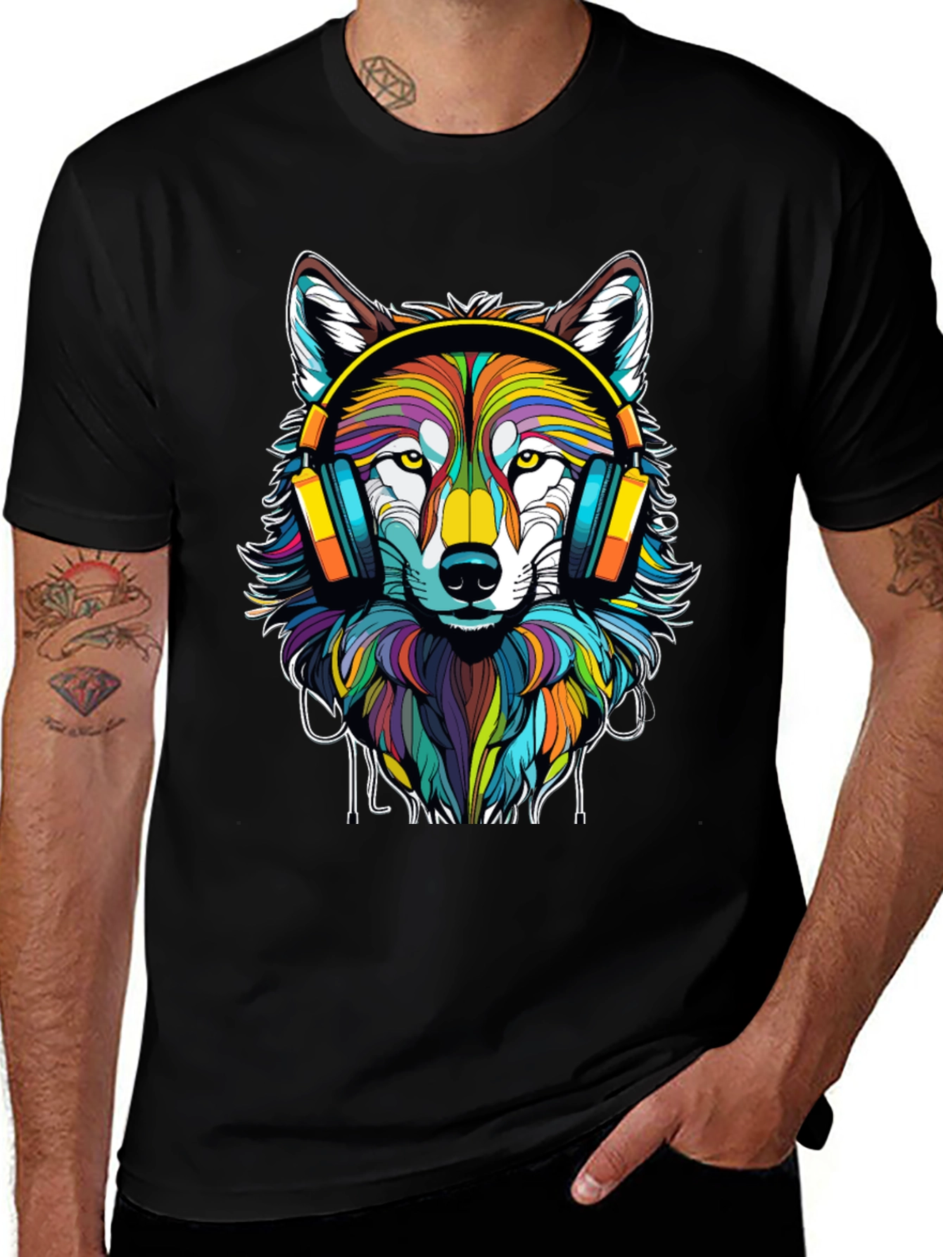Variant 29 of Colorful Wolf Headphone Graphic Tee