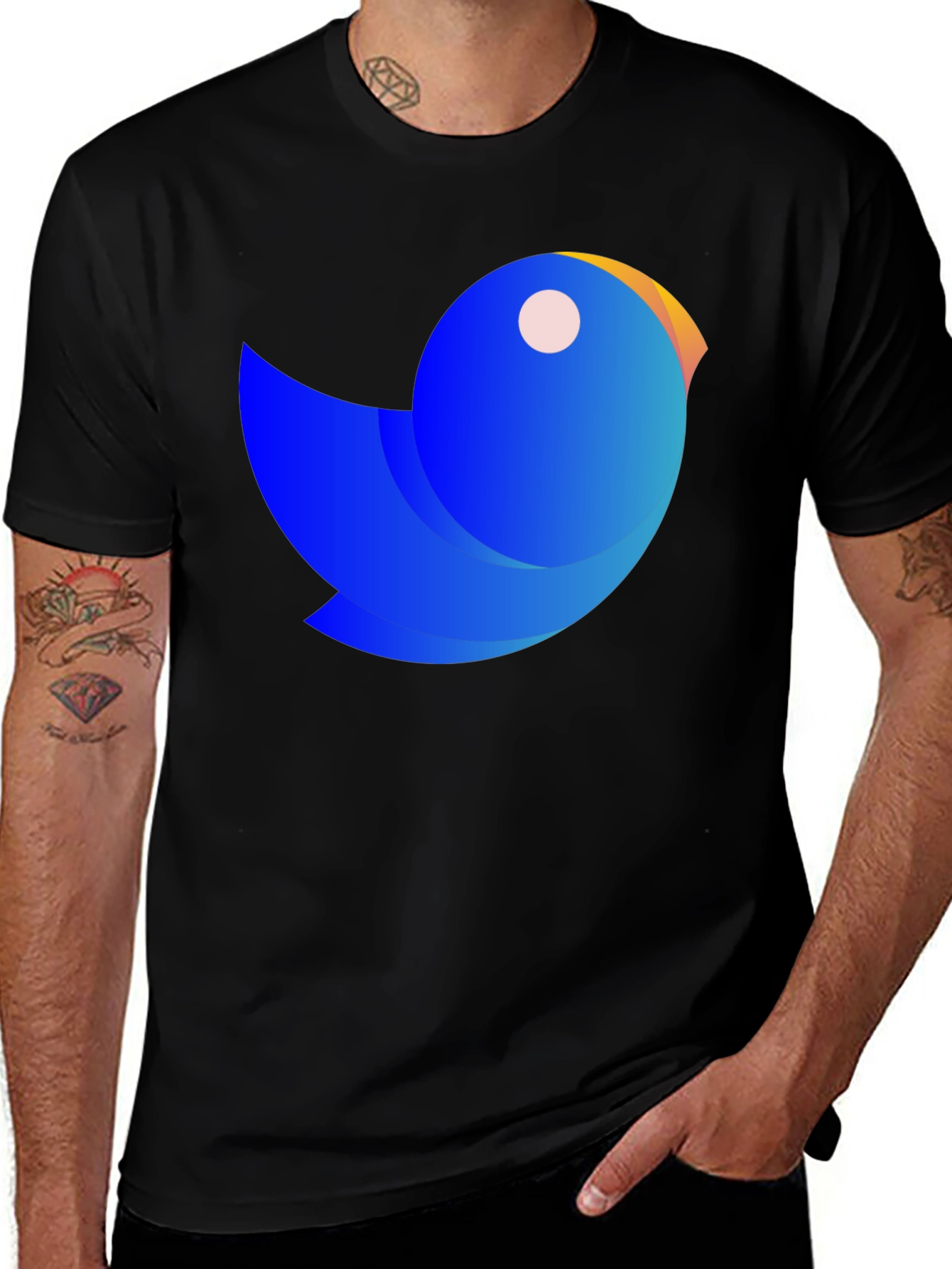 Black Abstract Blue Bird Graphic Tee - Casual Black T-Shirt main image