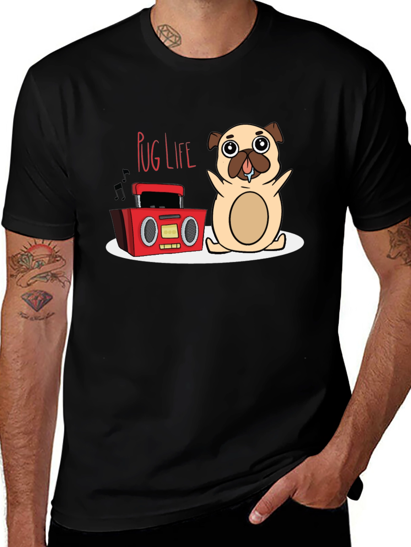 Variant 12 of Pug Life Tee - Cartoon Pug & Boombox Design