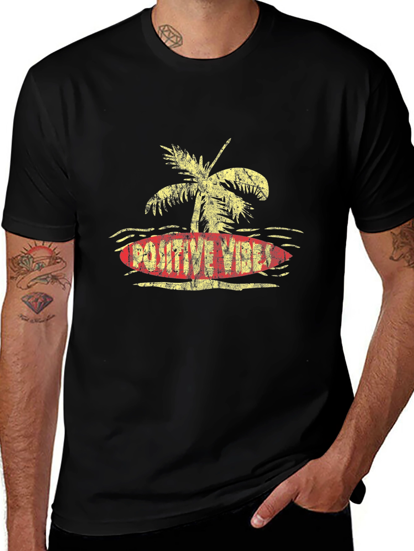 Variant 30 of Positive Vibes Palm Tree Surfboard Graphic Tee