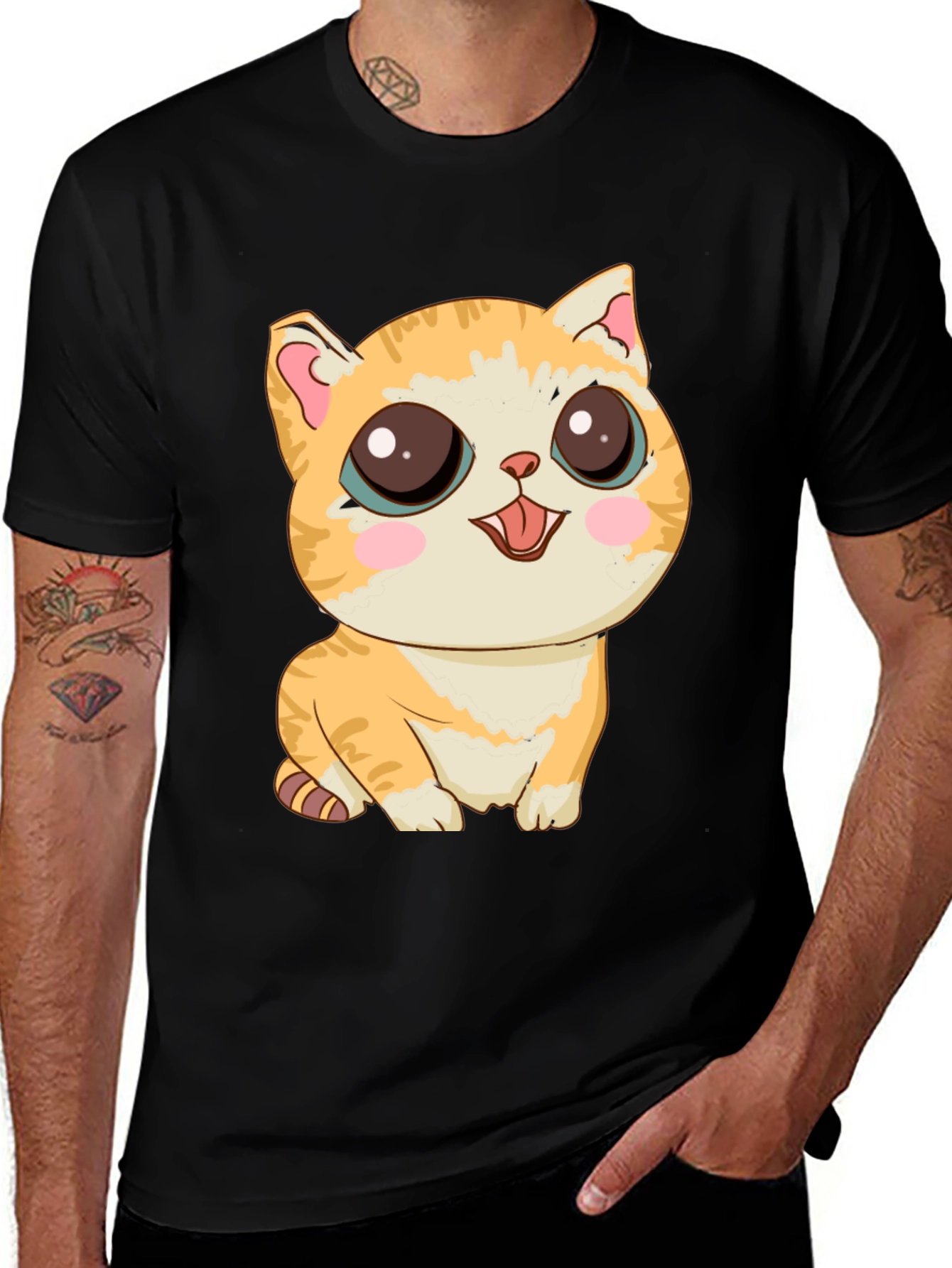 Variant 27 of Cute Cartoon Cat Graphic T-Shirt - Black