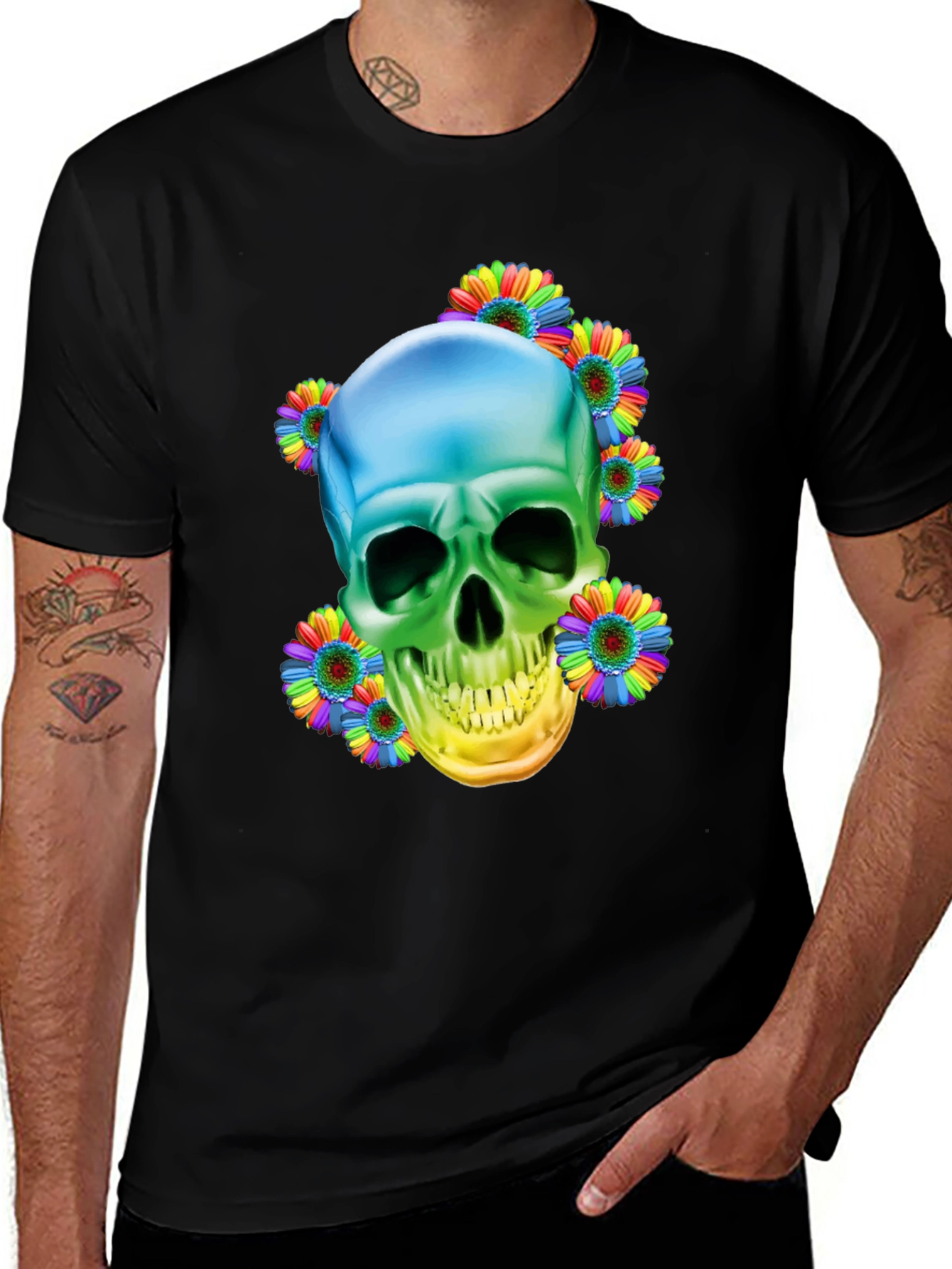 Variant 9 of Rainbow Skull and Flower Graphic Tee - Men's Black T-Shirt