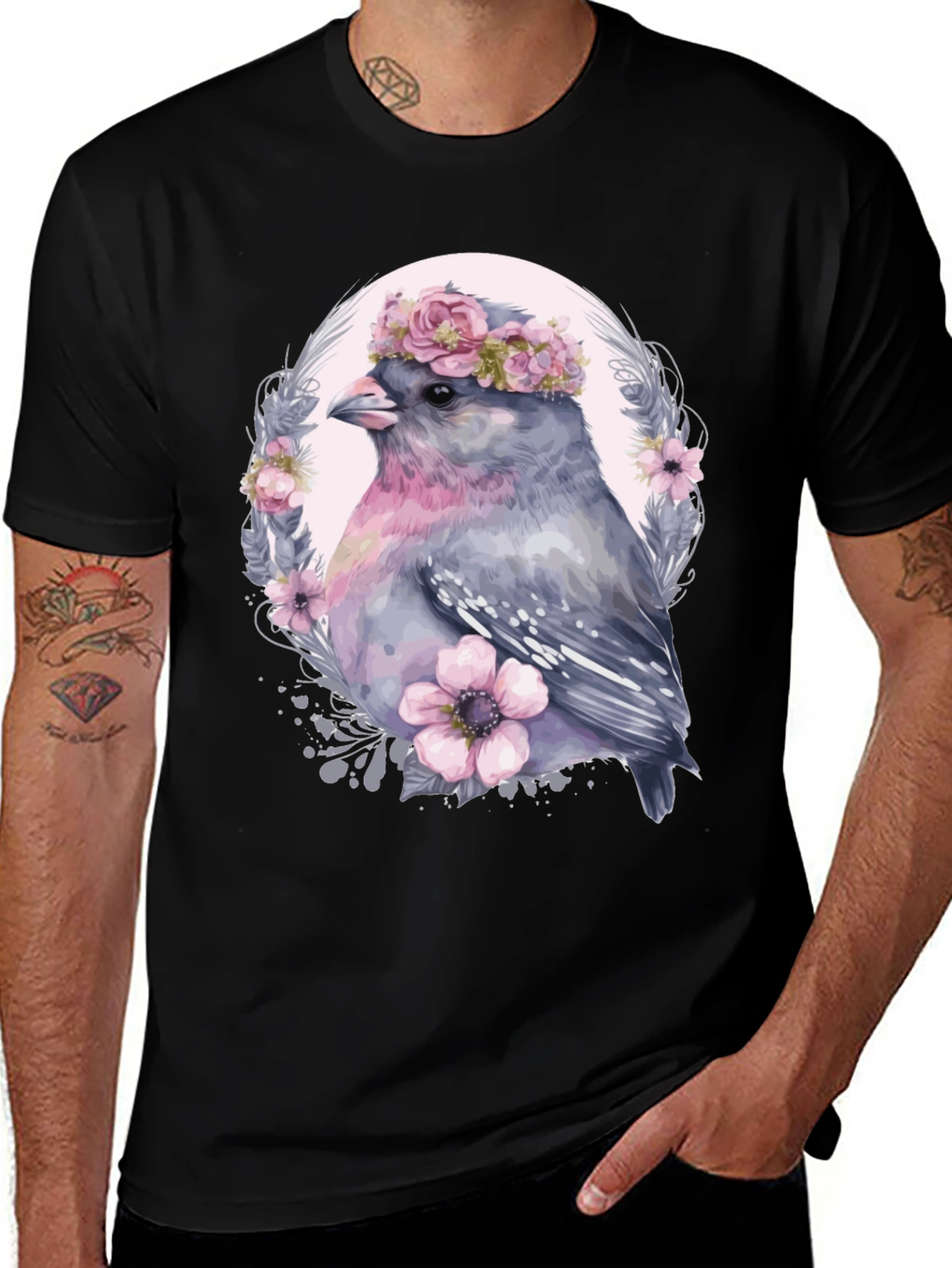 Variant 22 of Floral Bird Graphic Tee - Unisex Black T-Shirt