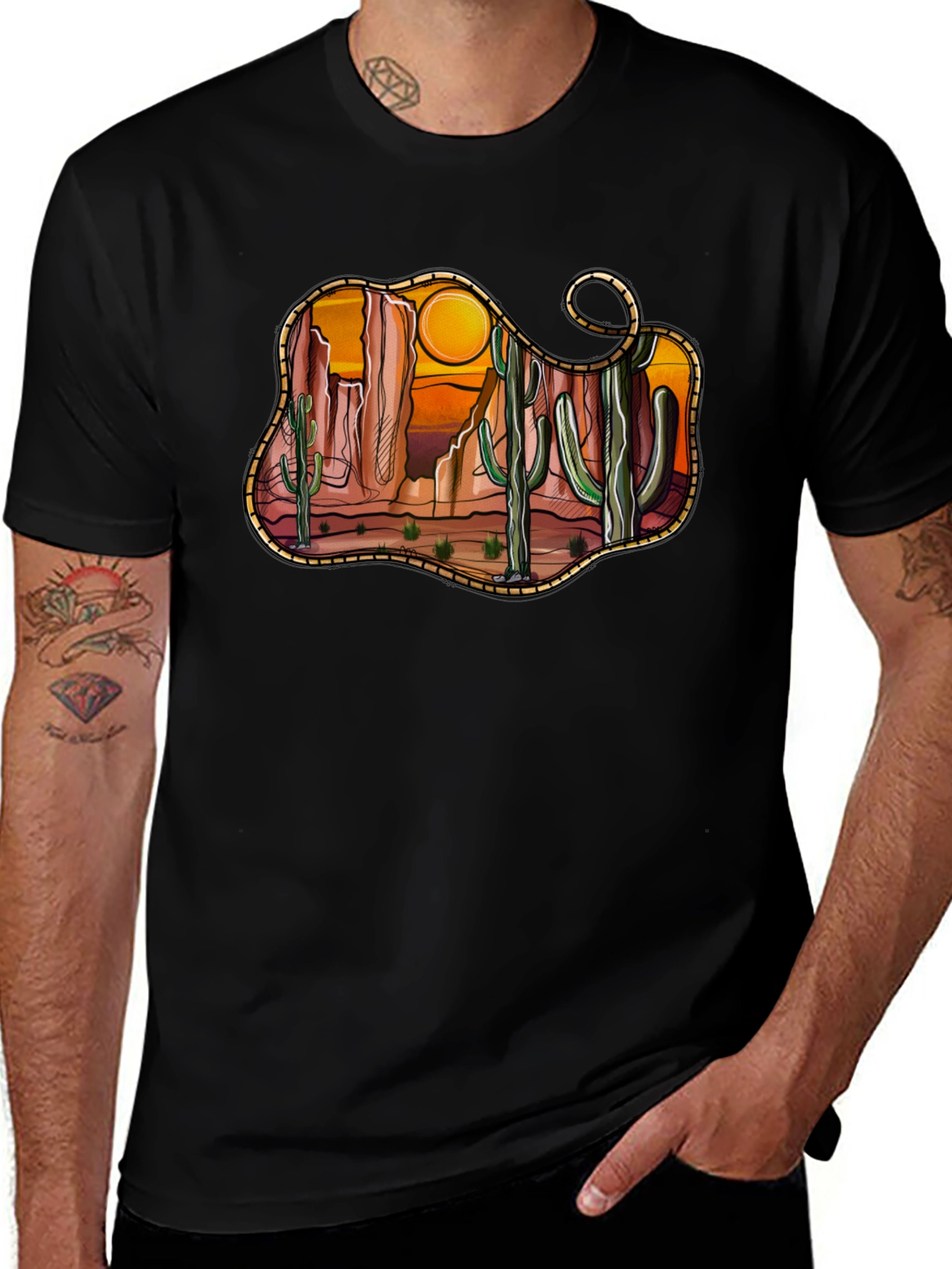 Variant 16 of Desert Cactus Sunset Graphic Tee - Black