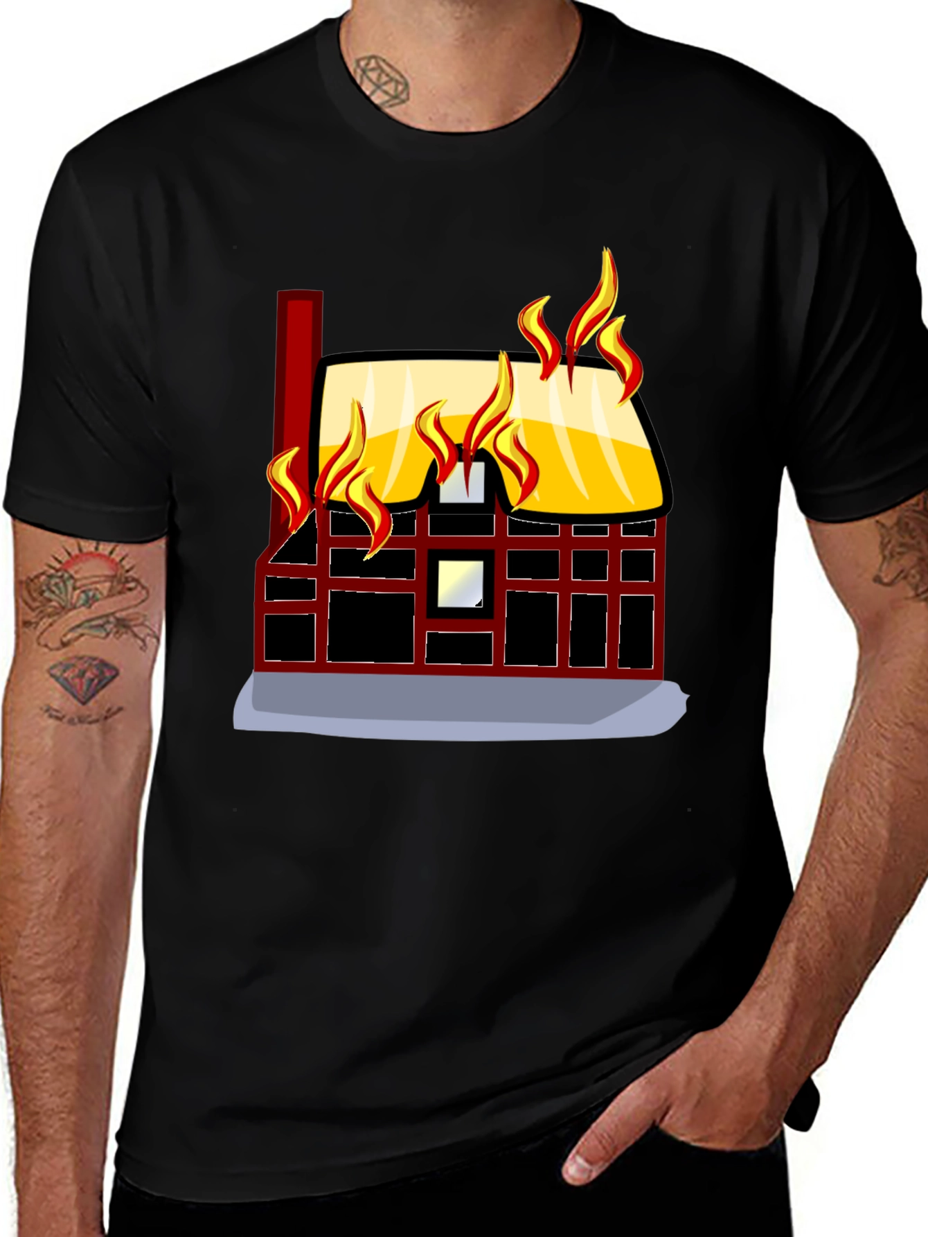 Black Burning House Graphic Tee - Bold Black T-Shirt main image
