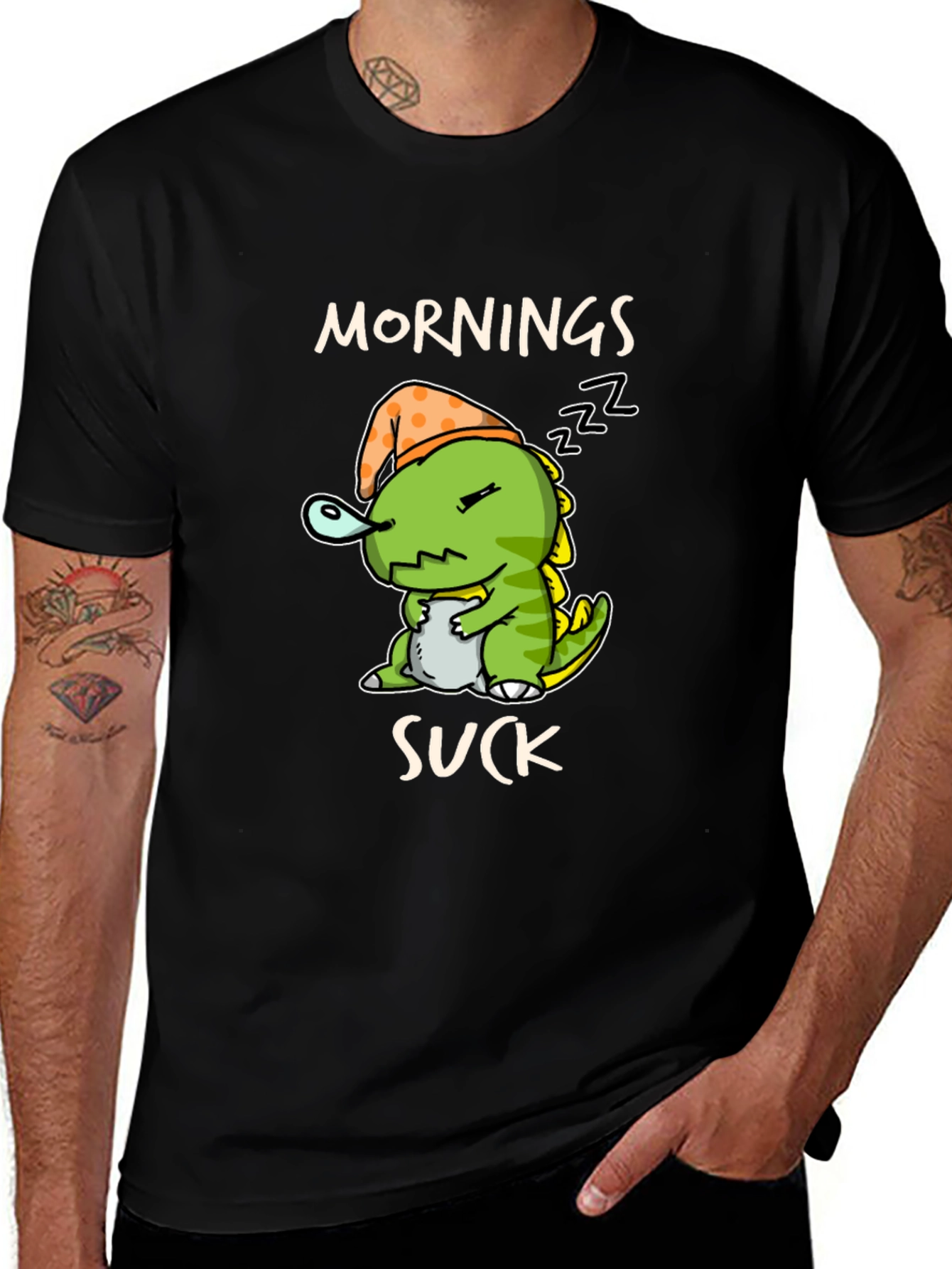 Variant 18 of Mornings Suck Dinosaur T-Shirt Funny Sleepy Dino Tee