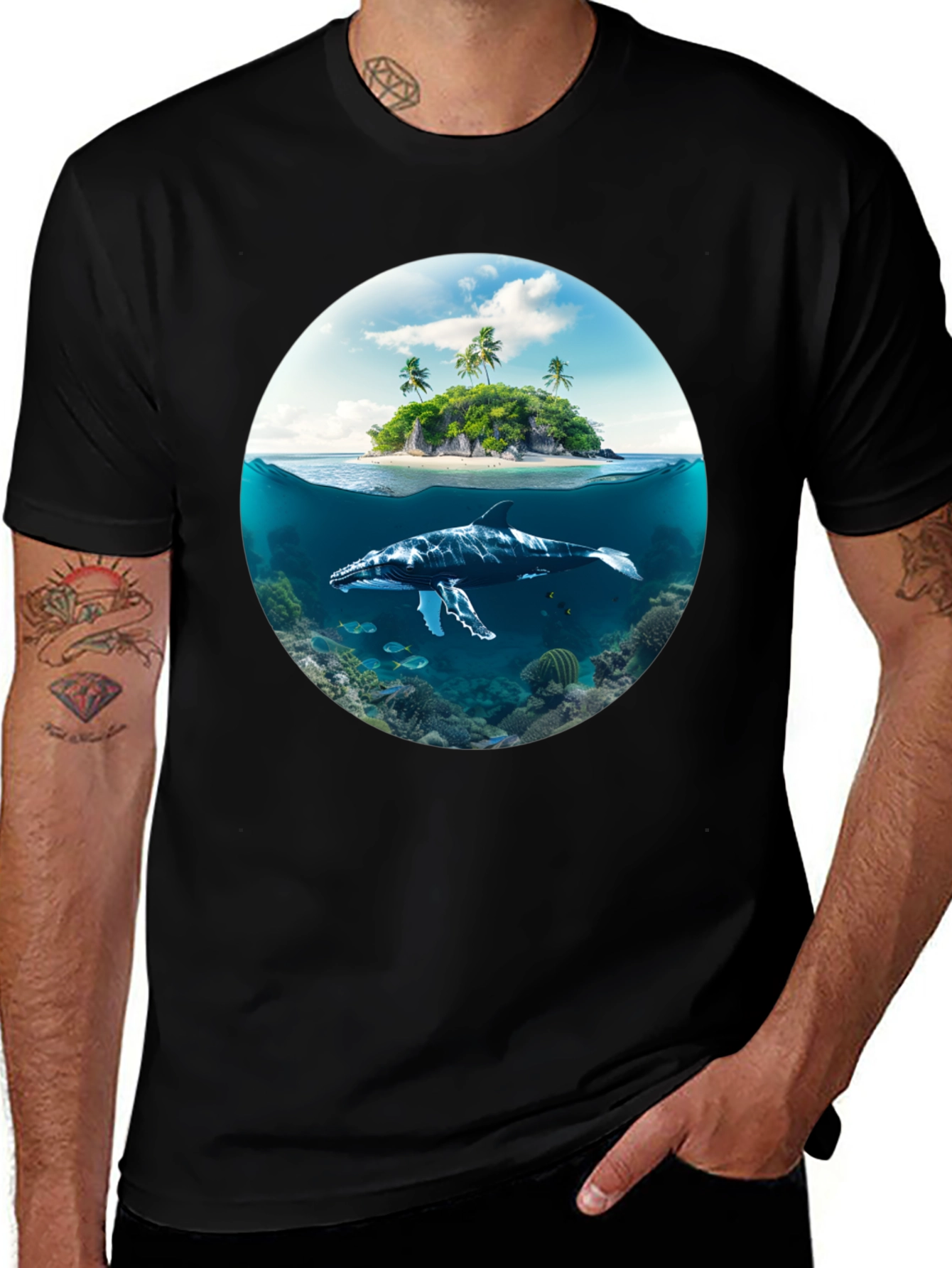 Variant 21 of Ocean Whale Island Graphic Tee - Men's Black T-Shirt