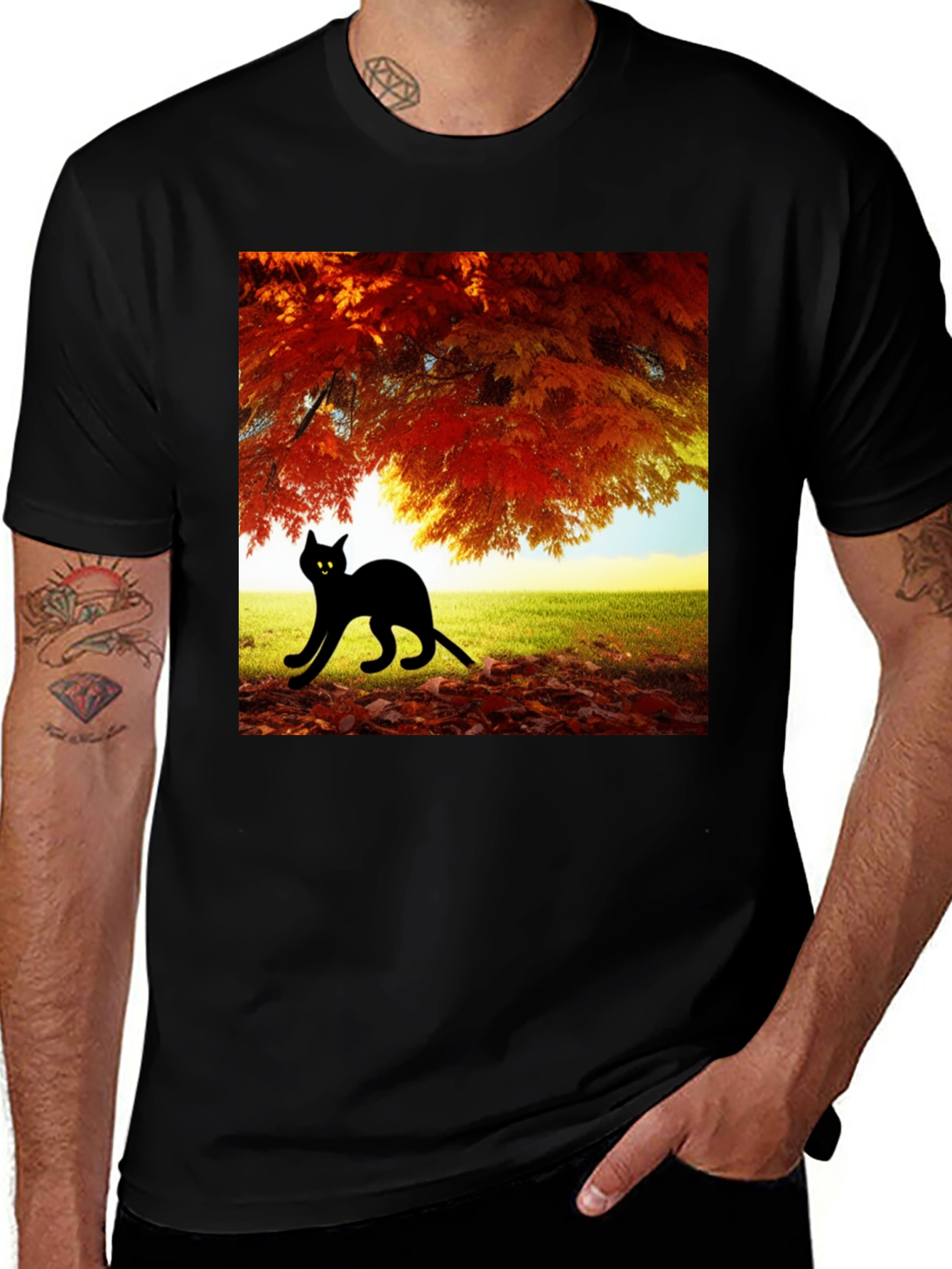Fall Cat T-Shirt: Black Cat Under Autumn Tree