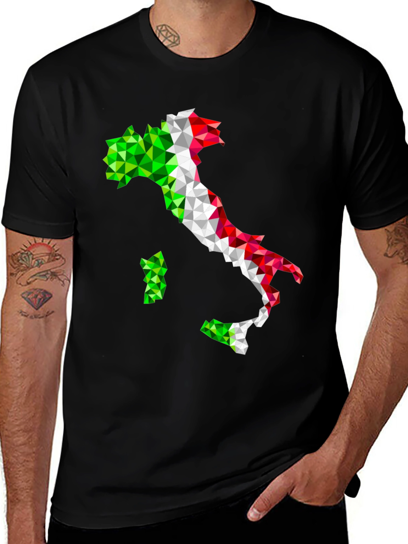 Geometric Italy Flag Graphic Print Black T-Shirt