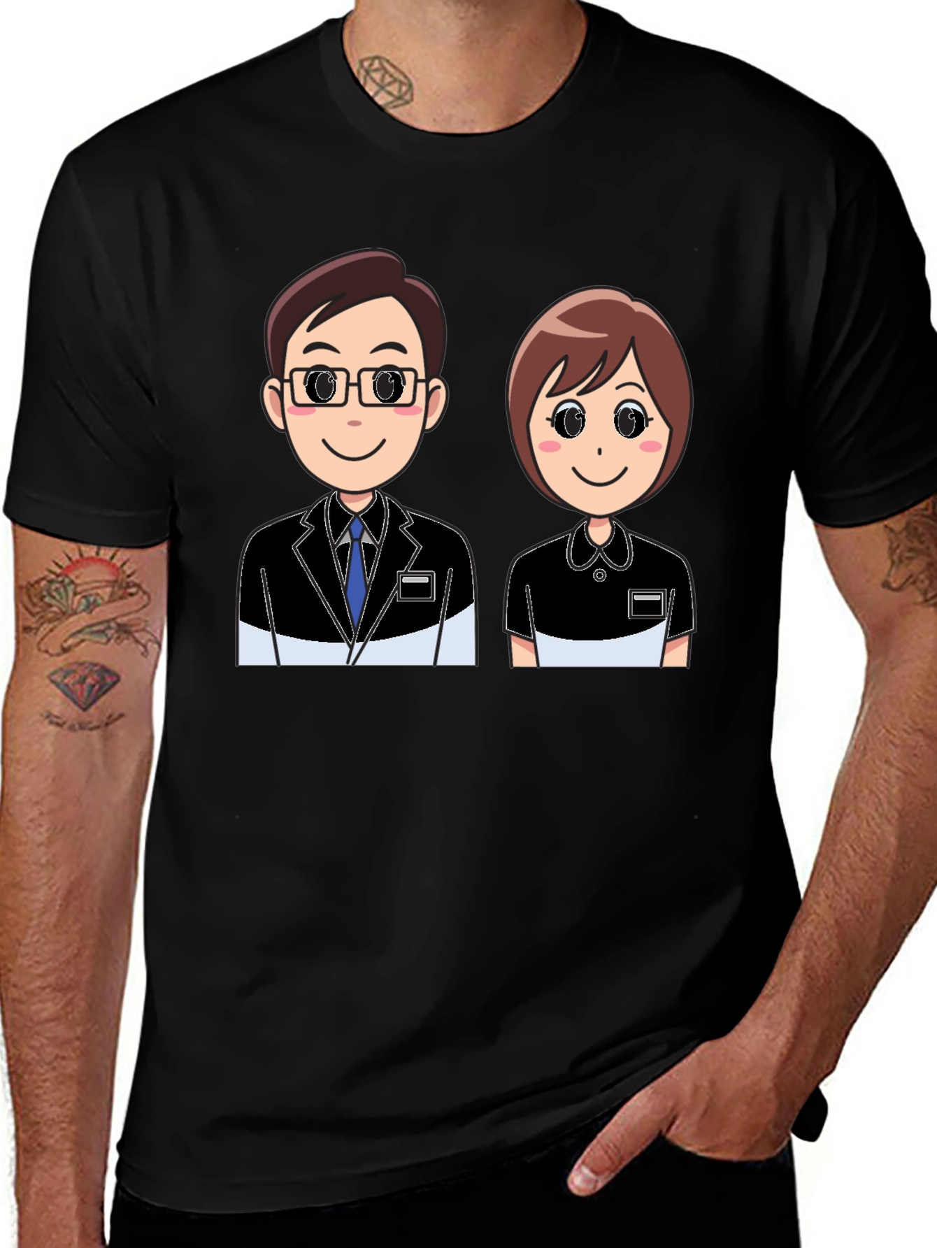 Variant 2 of Cartoon Couple Graphic Black T-Shirt