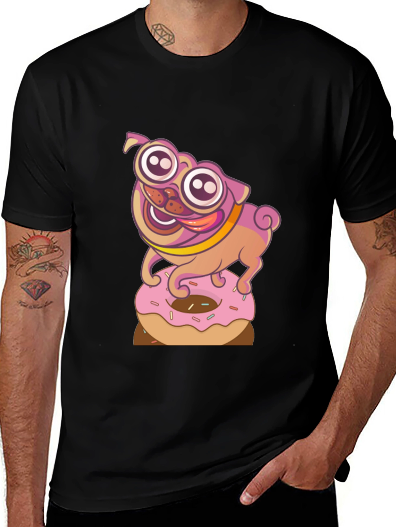 Variant 16 of Pug on Donut Graphic Tee - Funny Cartoon Dog T-Shirt
