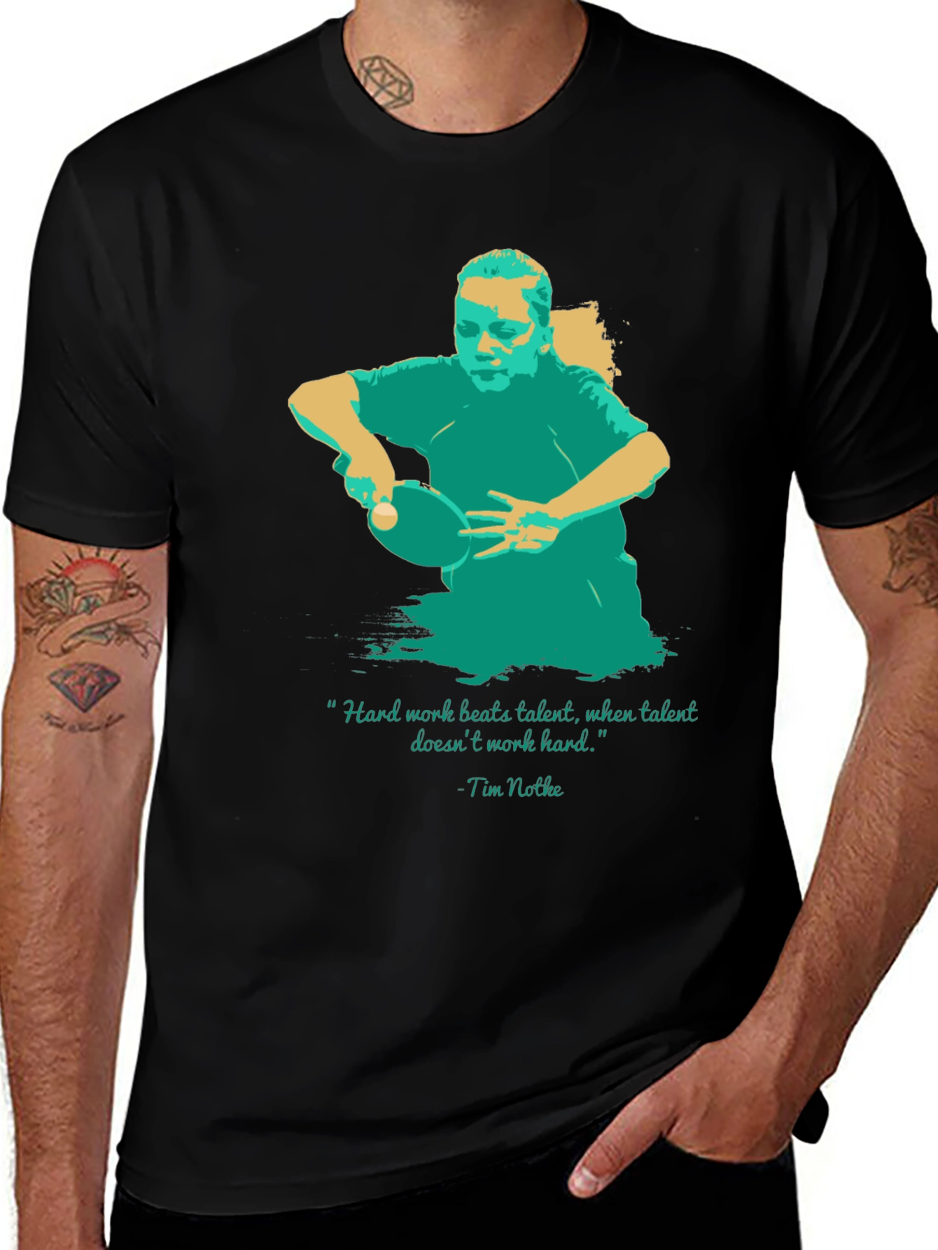 Variant 27 of Motivational Table Tennis T-Shirt - Hard Work Beats Talent