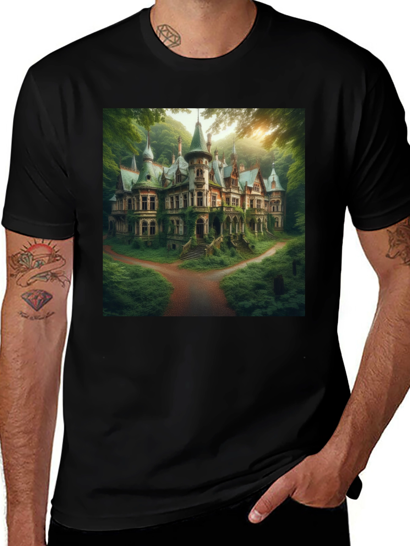 Eerie Estate T-Shirt - Gothic Mansion Design