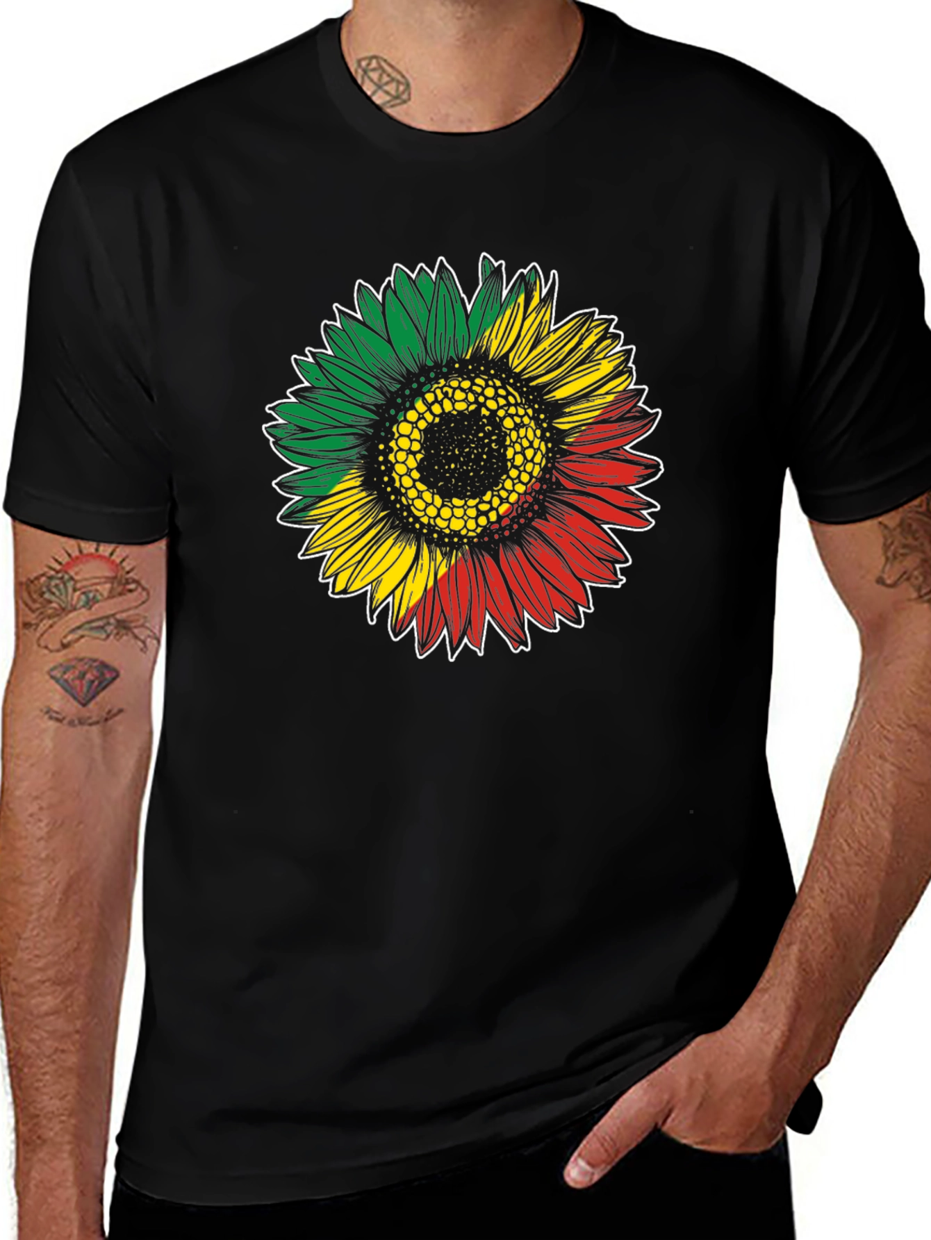 Variant 27 of Rasta Sunflower Graphic T-Shirt - Black Cotton Tee