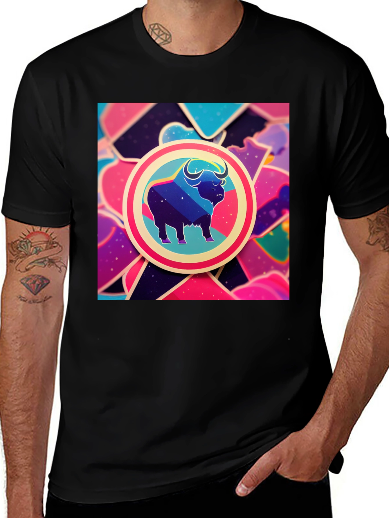 Variant 23 of Galaxy Bull Graphic Tee - Trendy Men's Black T-Shirt