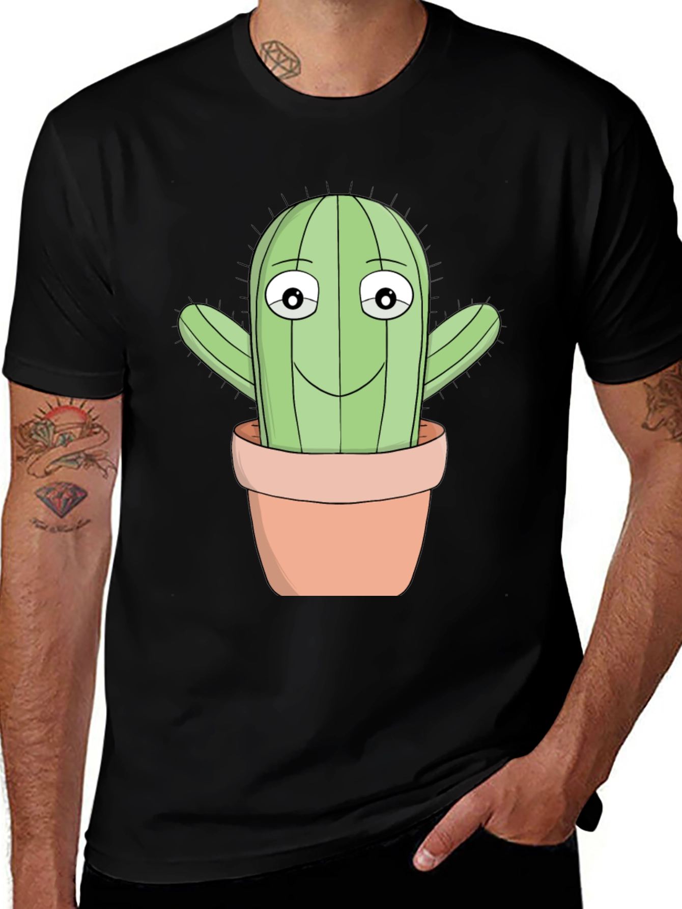 Variant 24 of Cartoon Cactus T-Shirt - Black Cotton Blend