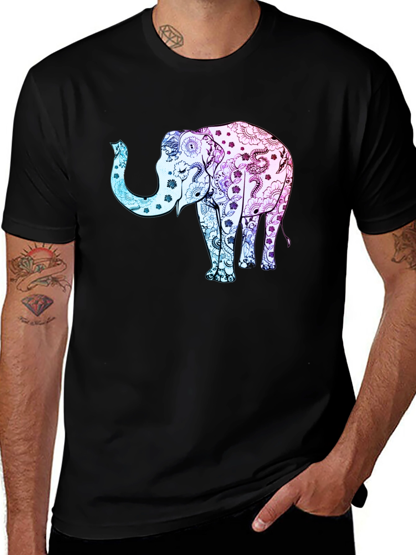 Variant 24 of Elephant Mandala Graphic Print Black T-Shirt