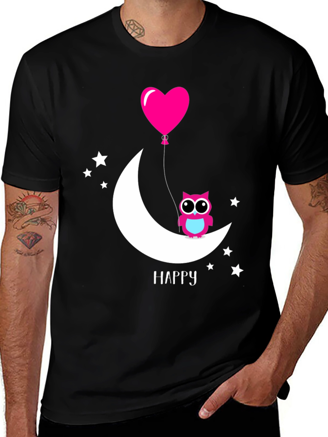 Variant 7 of Cute Owl Moon Heart Balloon Black T-Shirt