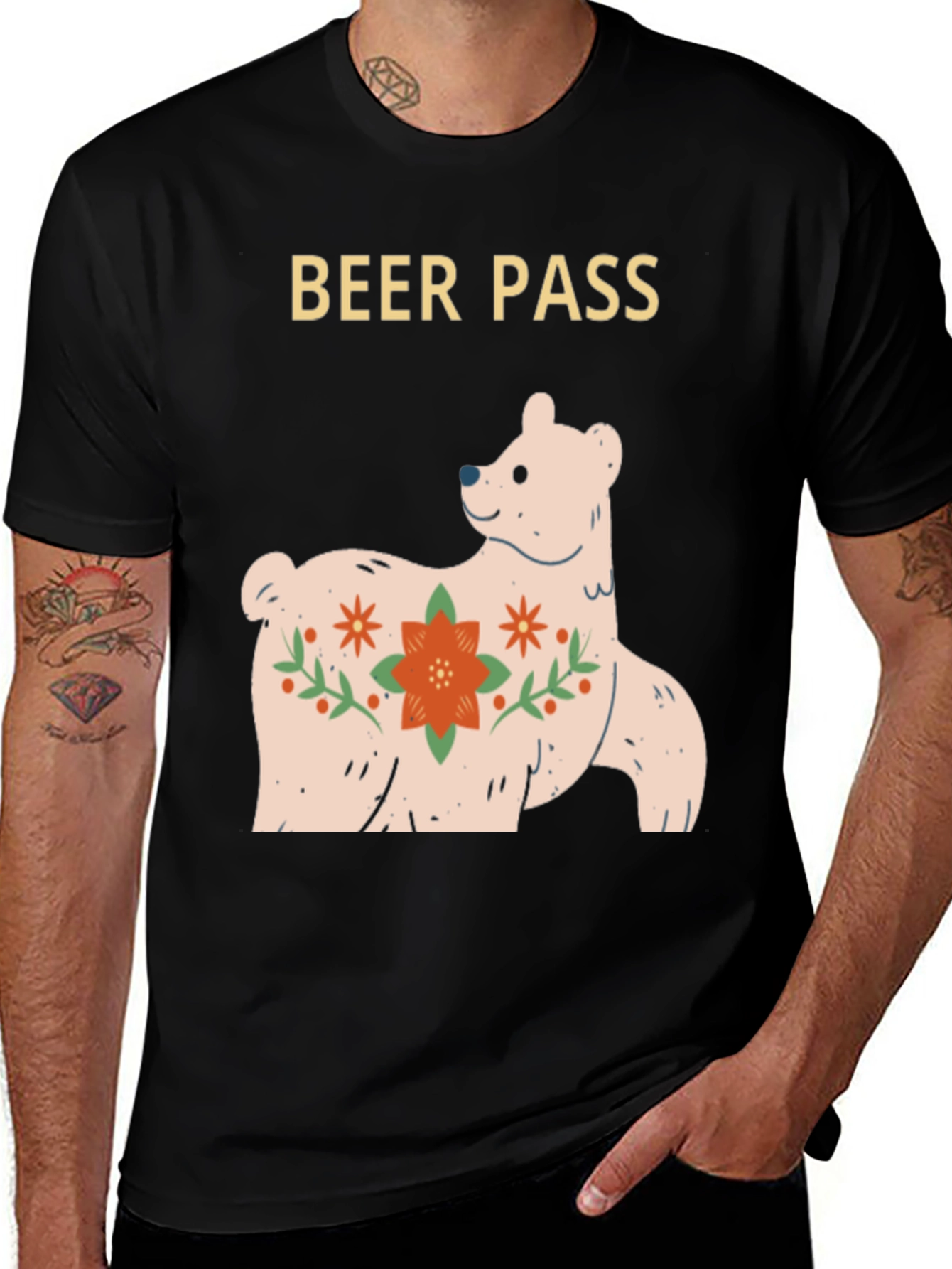 Variant 9 of Beer Pass Bear Graphic Tee - Black