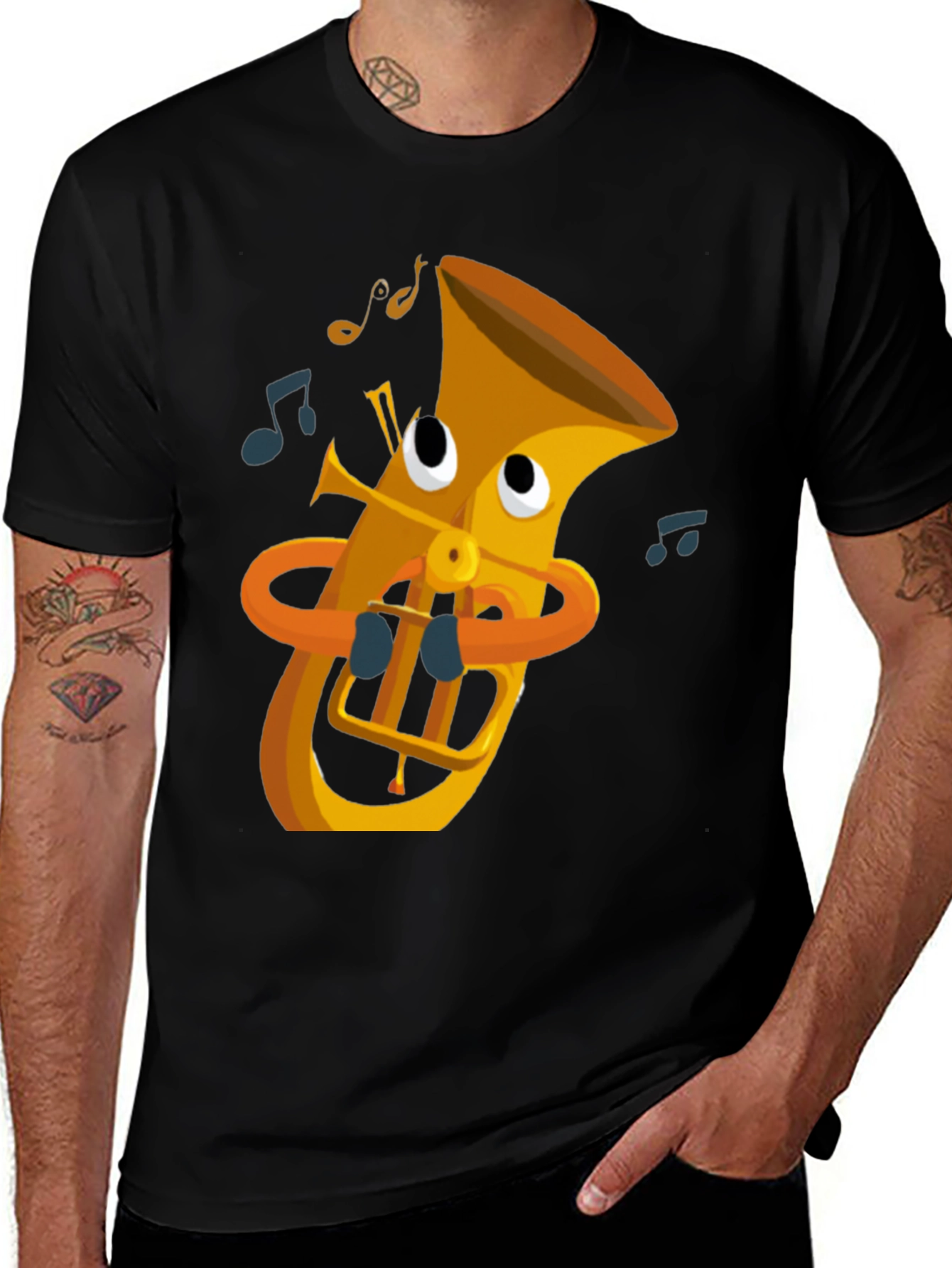 Variant 20 of Cartoon Tuba Graphic Tee - Black Cotton T-Shirt