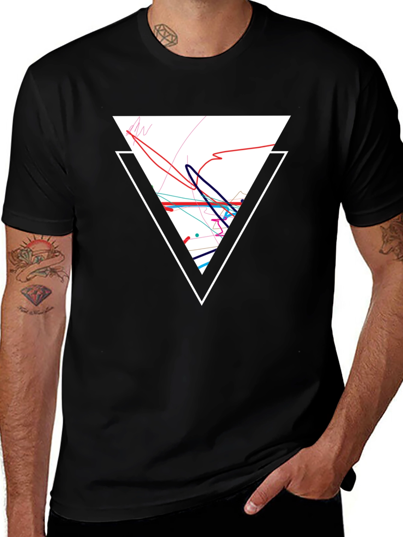 Variant 10 of Geometric Triangle Graphic Tee - Black Cotton Casual Shirt