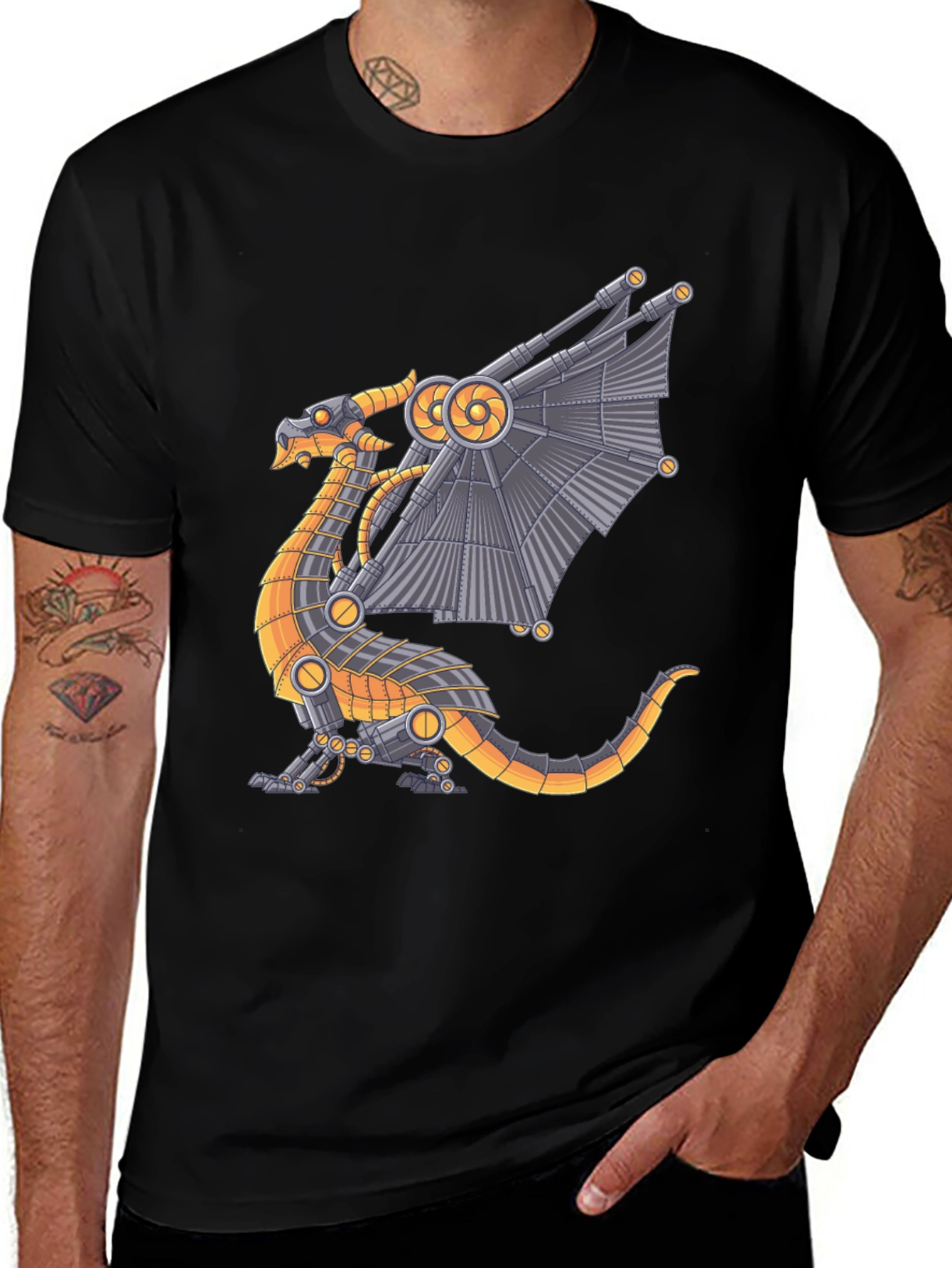 Variant 24 of Steampunk Dragon Graphic Tee - Black Cotton T-Shirt