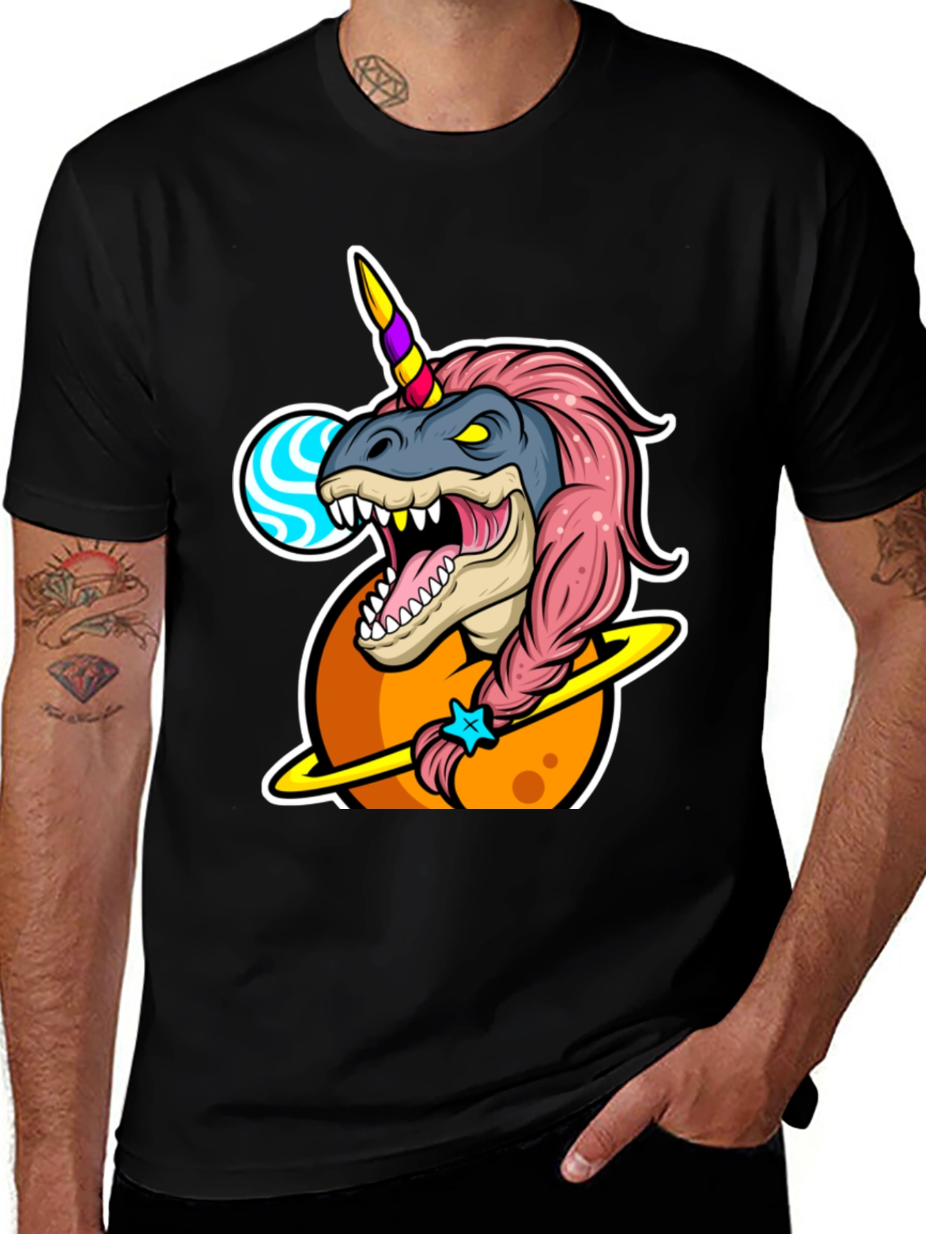 Variant 10 of Dino Unicorn T-Shirt - Black Cotton Blend