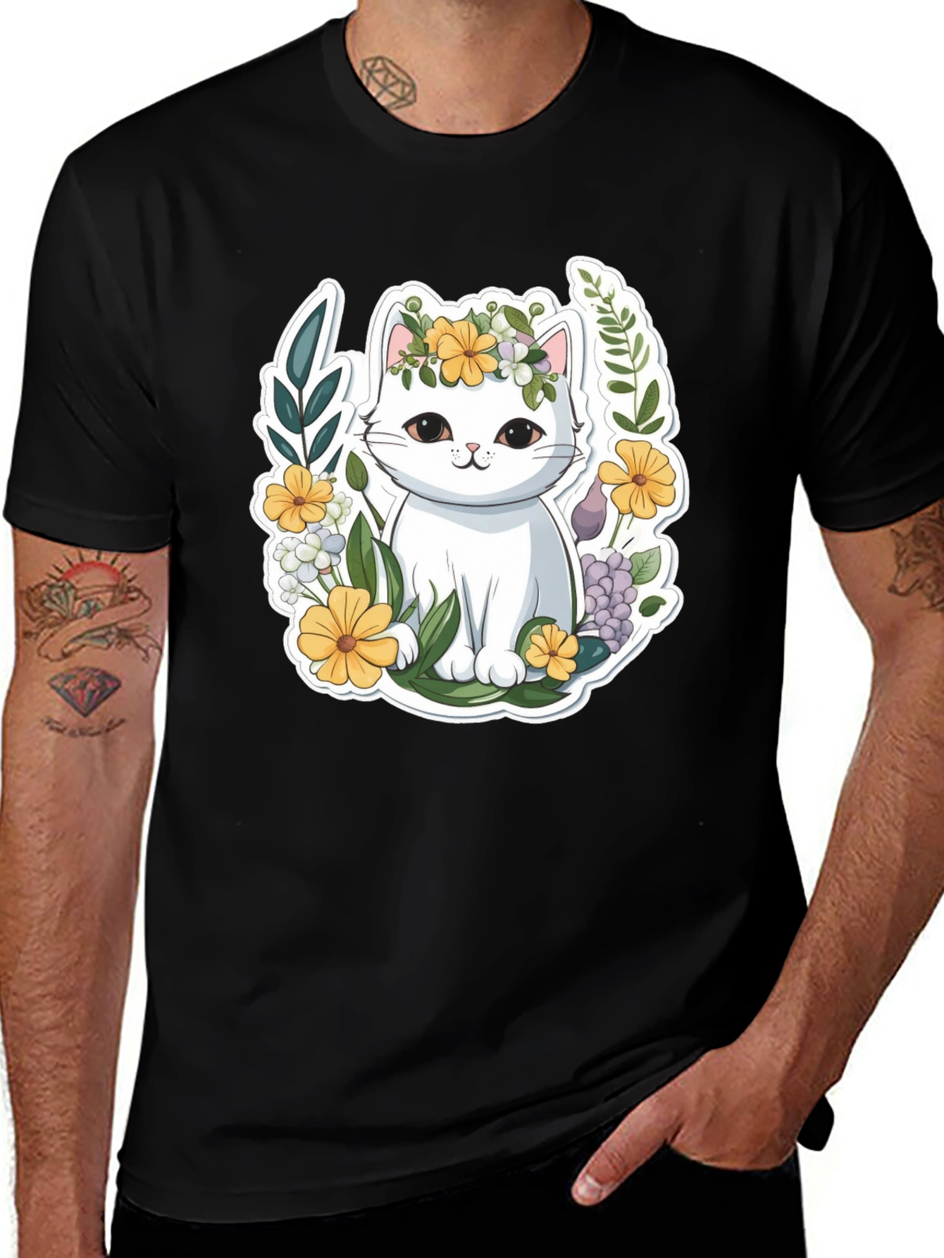 Variant 23 of Cute Cat Floral Wreath Graphic Tee