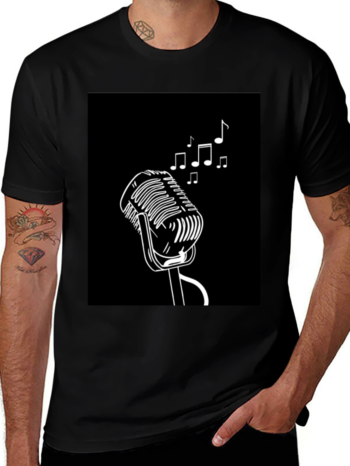 Variant 4 of Music Lover's Black Tee - Retro Microphone Design