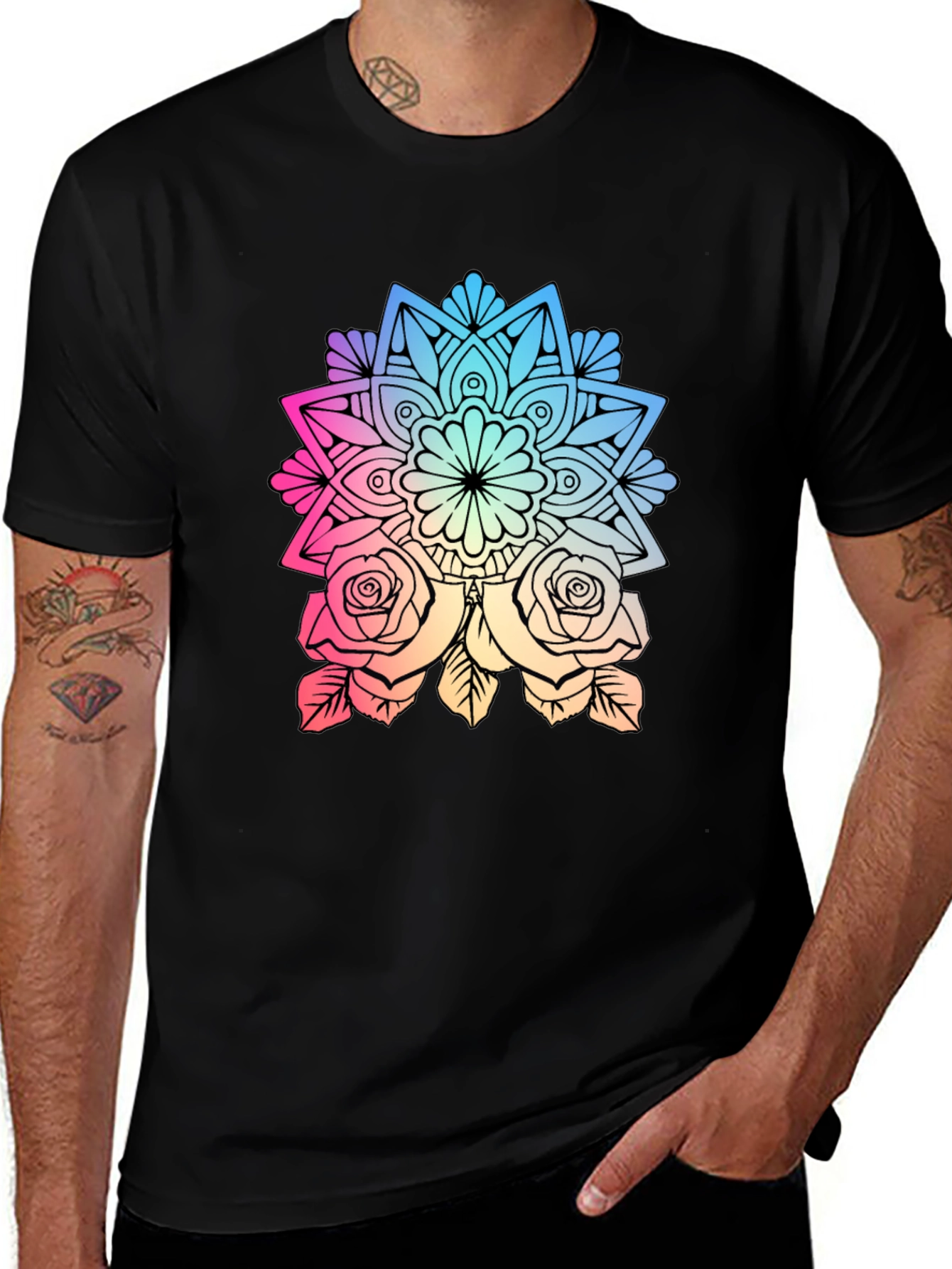 Variant 25 of Floral Mandala Graphic Black T-Shirt