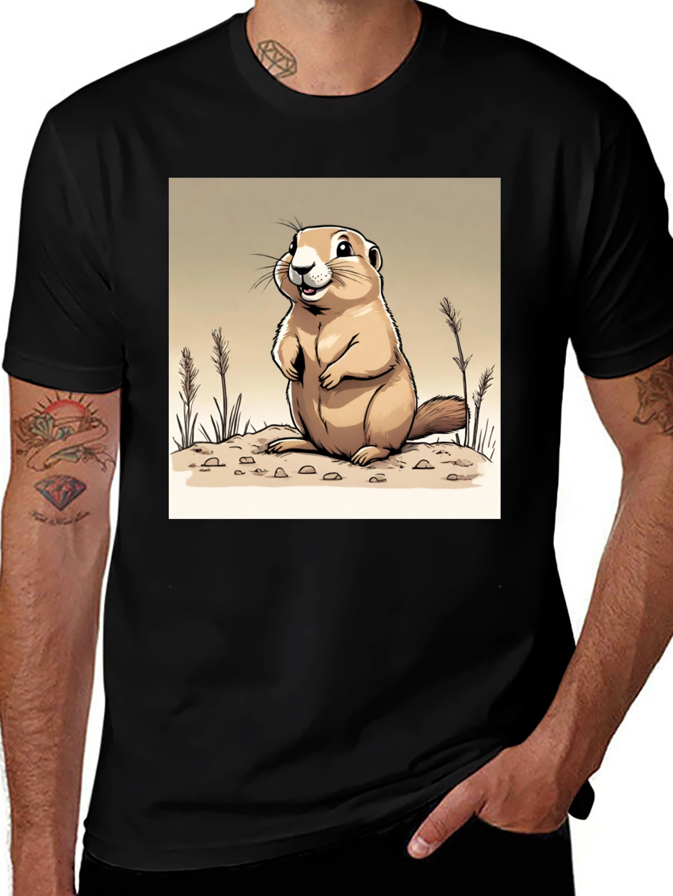 Variant 26 of Cartoon Prairie Dog Graphic Tee - Black