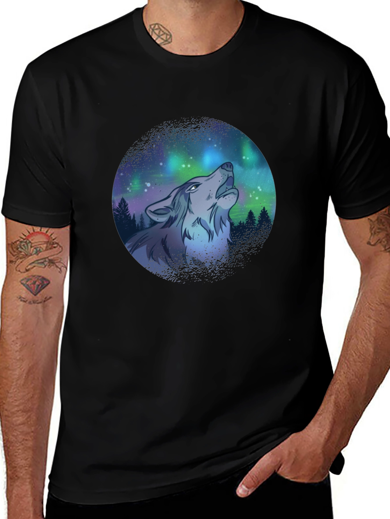Variant 22 of Wolf Howl Aurora Borealis T-Shirt - Black