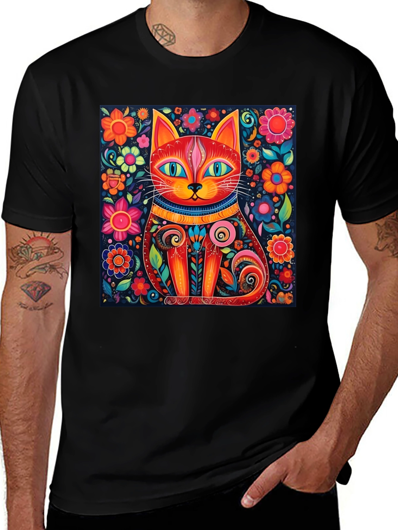Variant 3 of Colorful Cat Art T-Shirt - Whimsical Floral Feline Design