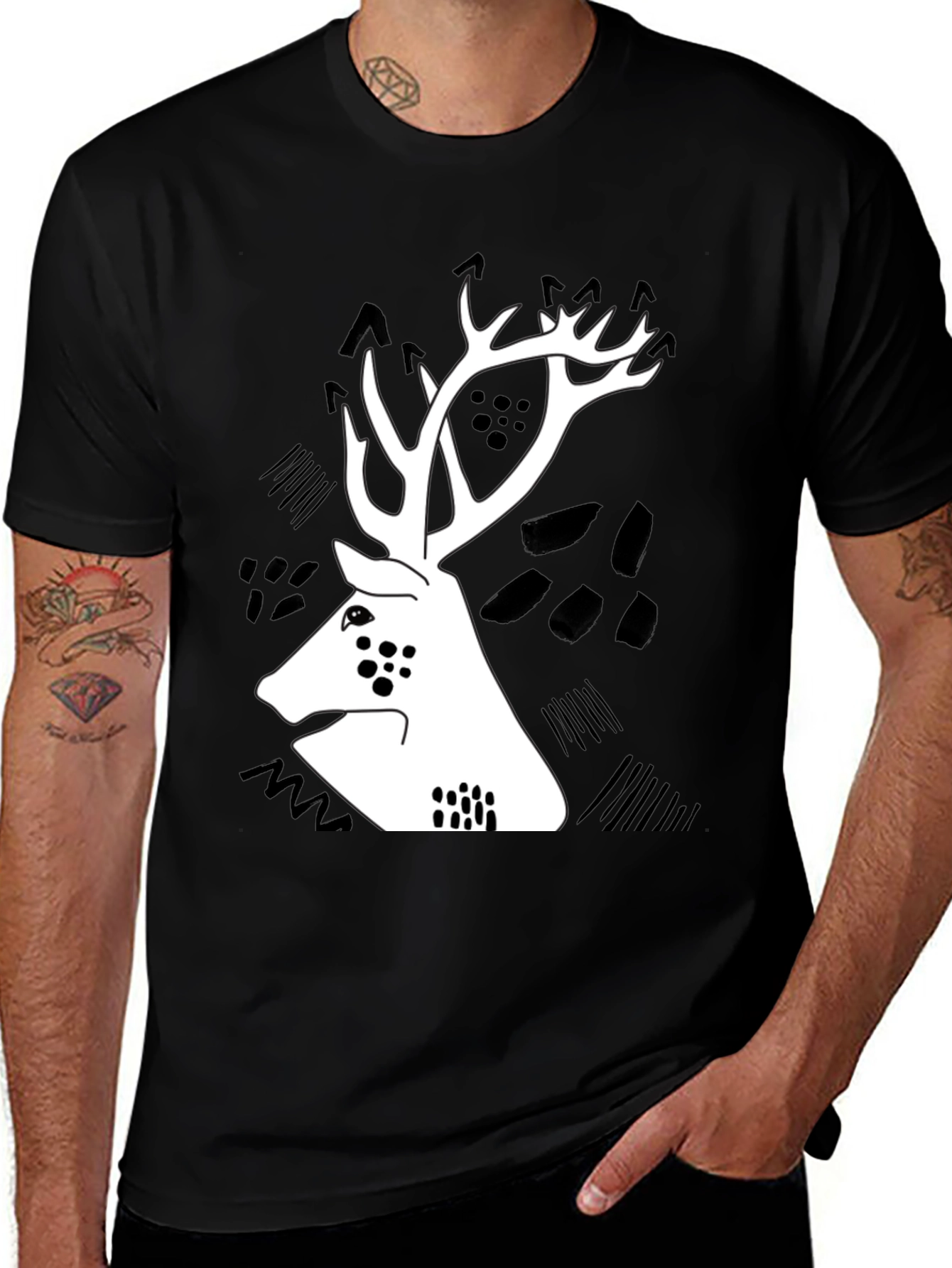 Variant 11 of Black T-Shirt with Graphic Deer Design