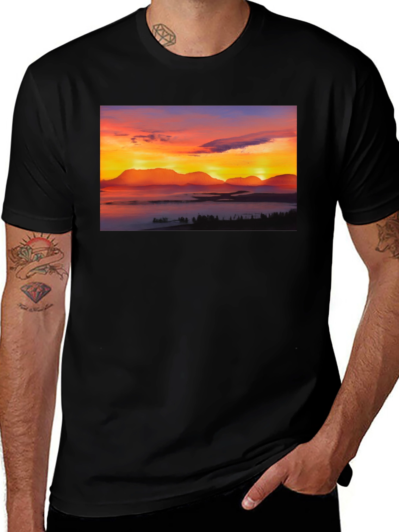 Variant 6 of Sunset Mountain Graphic Tee - Stylish Black T-Shirt