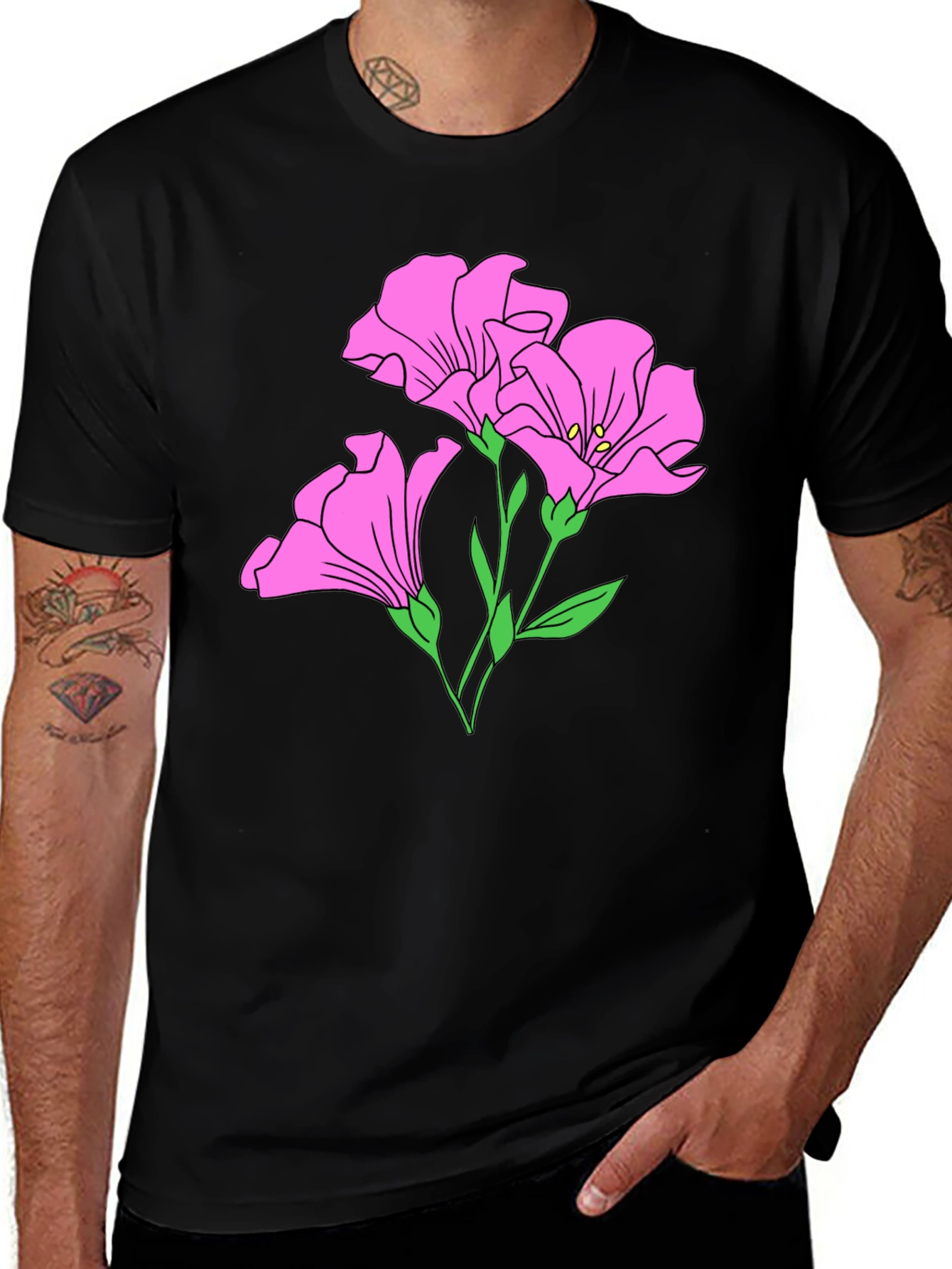 Variant 19 of Floral Graphic Tee - Pink Flower Design Black Shirt