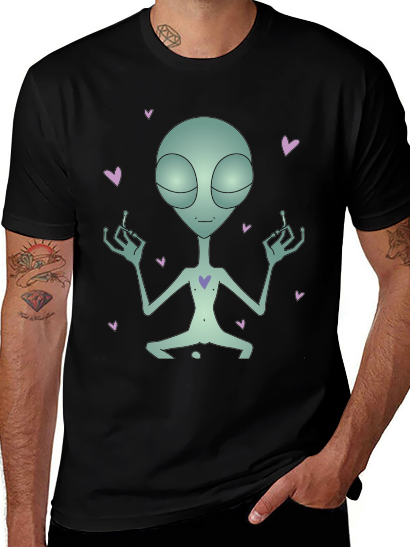 Variant 28 of Meditating Alien Heart Black T-Shirt