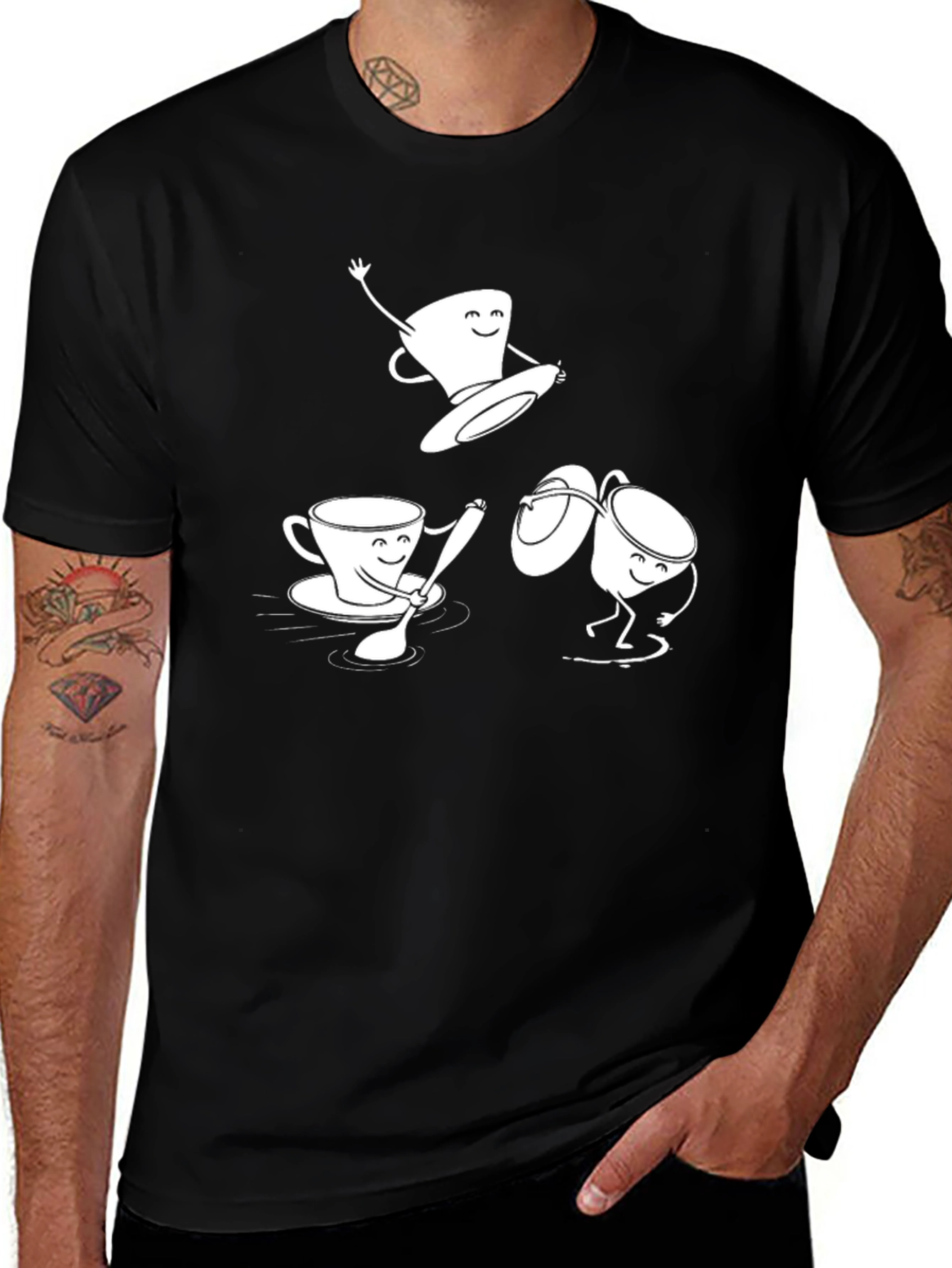 Black Fun Coffee Cup Cartoon Graphic T-Shirt main image