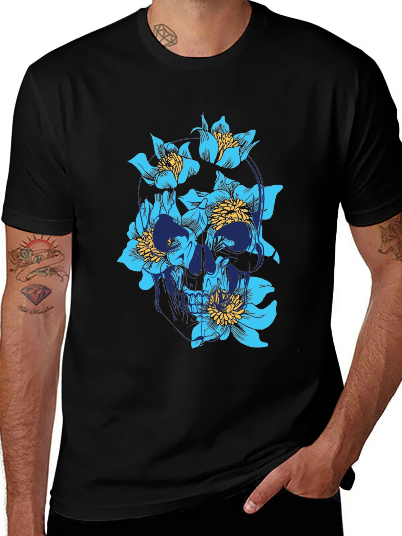 Variant 7 of Floral Skull Graphic T-Shirt - Men's Black Tee