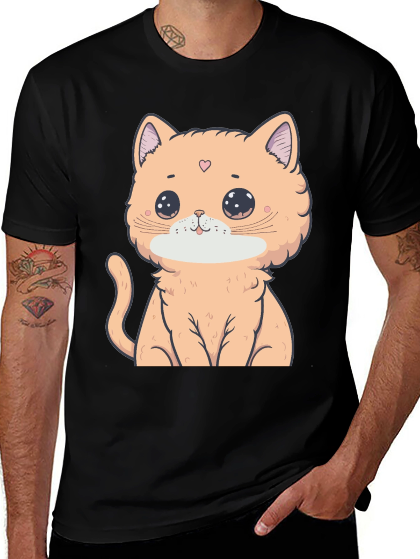 Black Cute Cartoon Cat Graphic Tee - Soft Cotton Comfort main image
