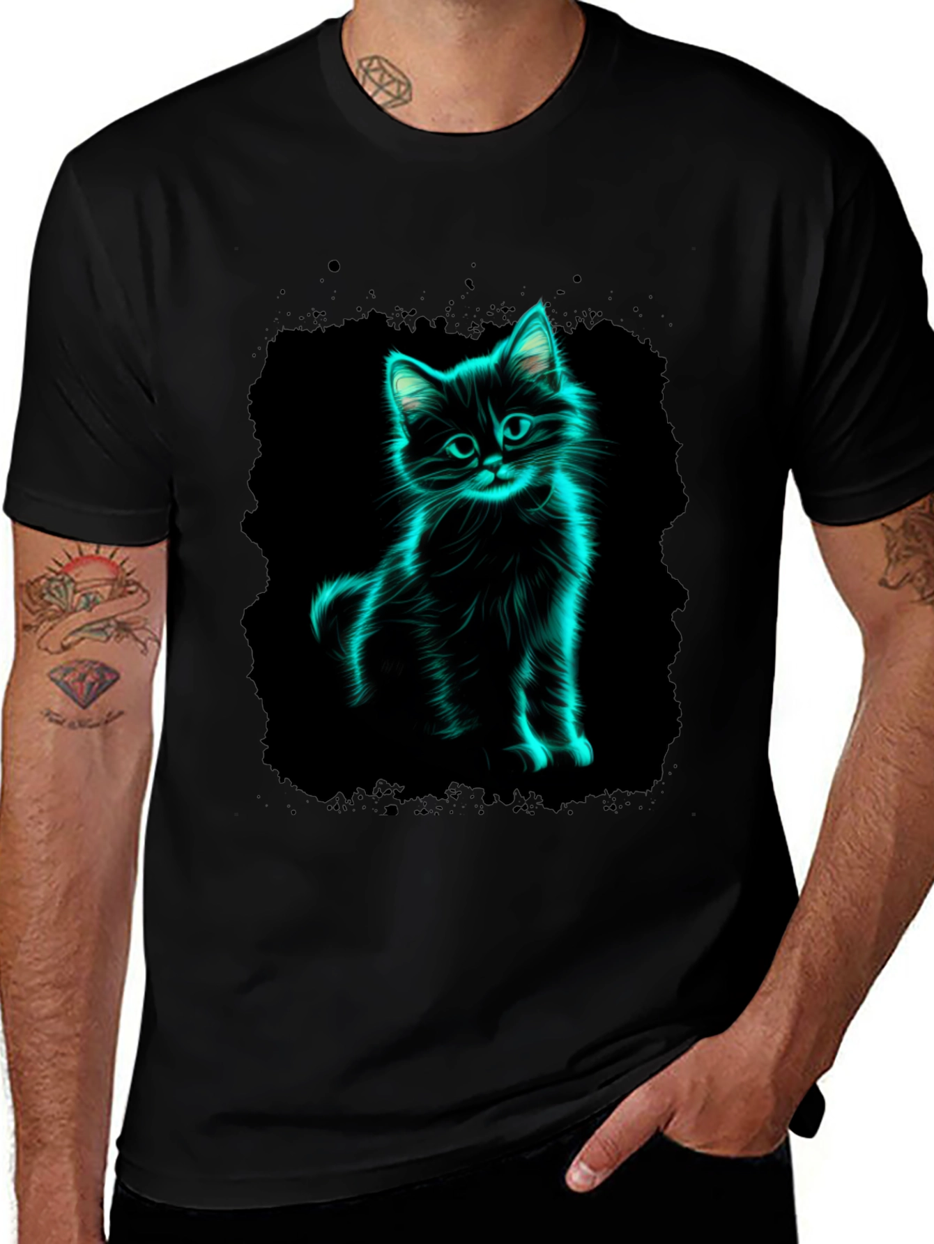 Variant 26 of Neon Cat Graphic Black T-Shirt