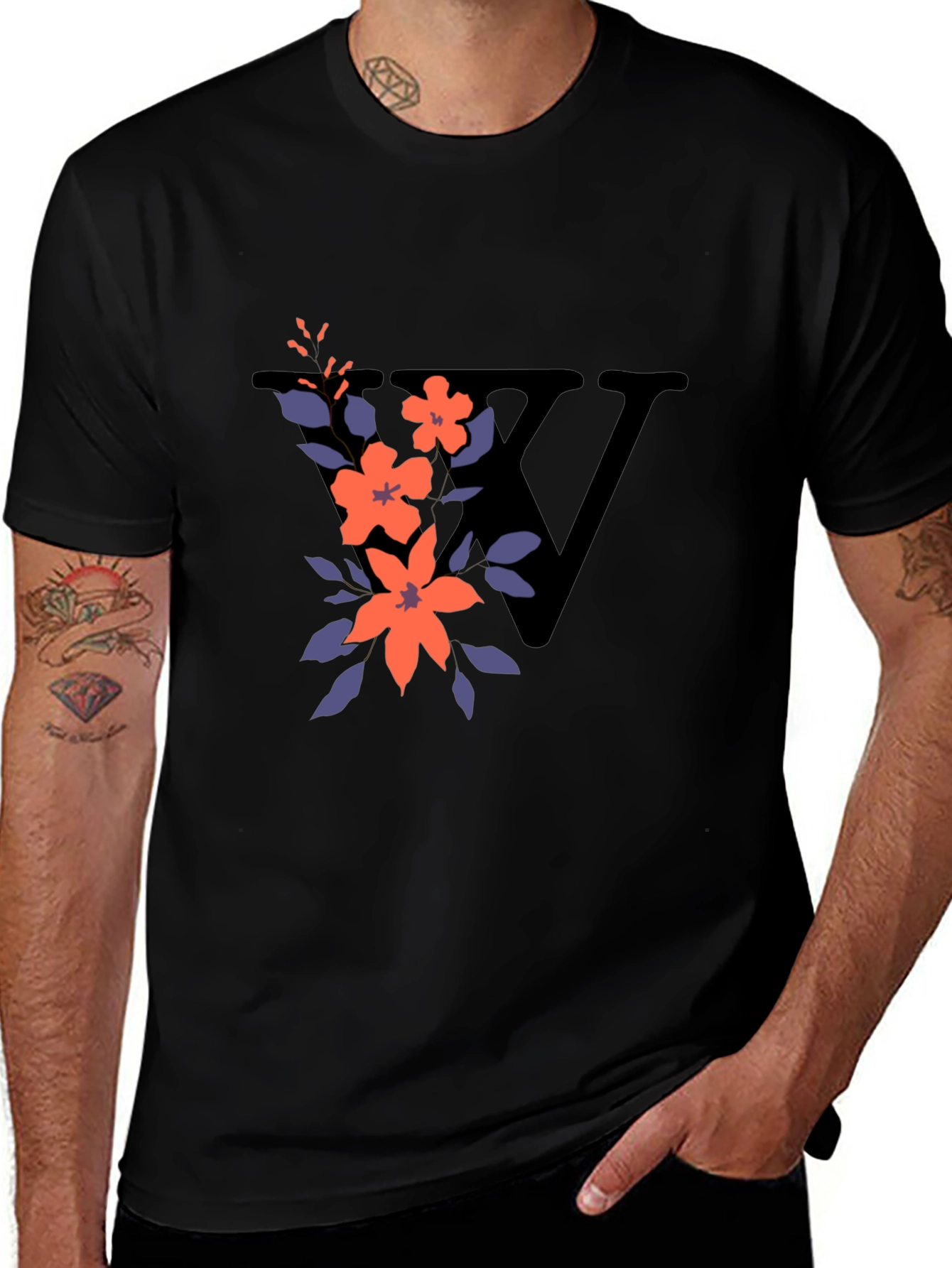 Variant 25 of Floral V Initial Black T-Shirt